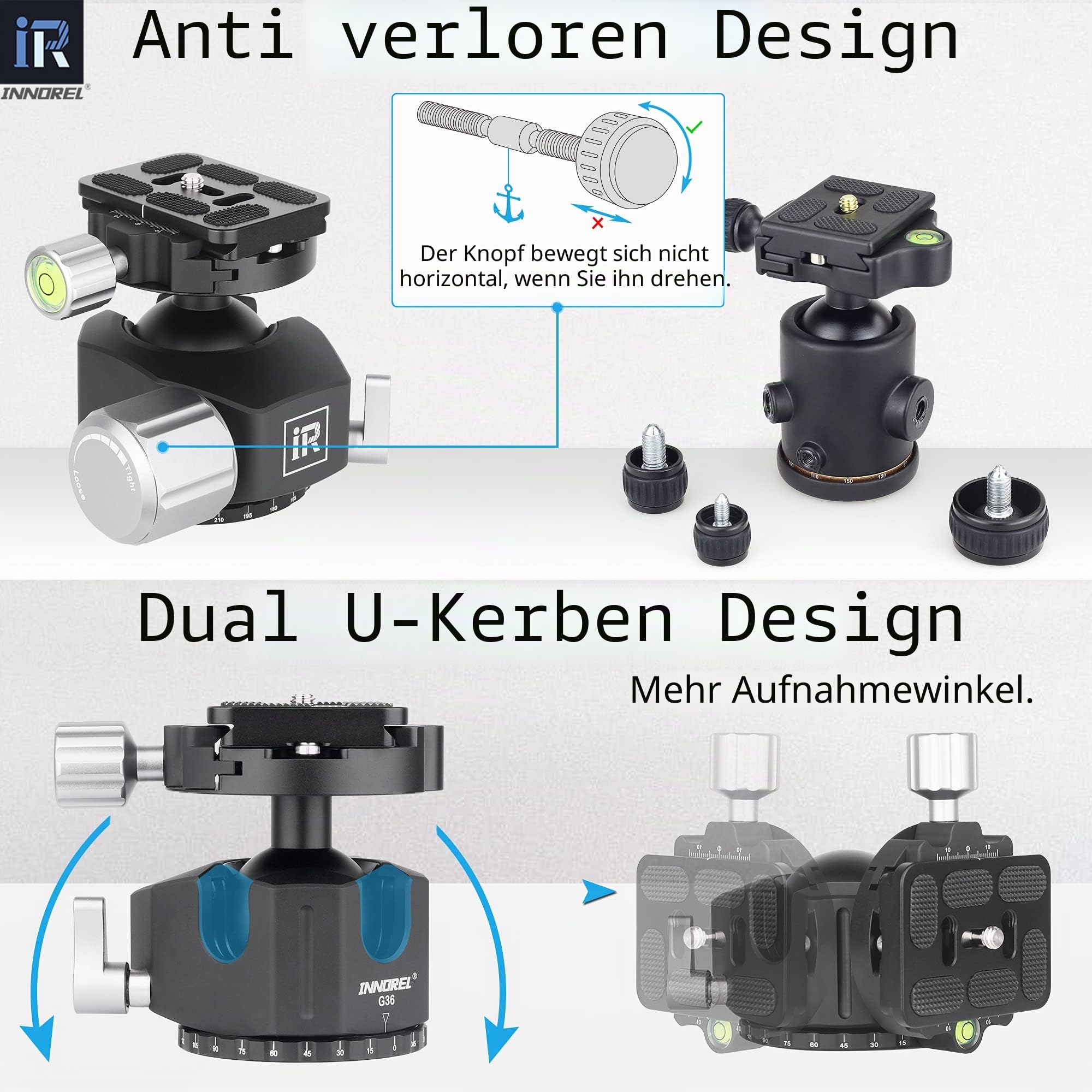 INNOREL G36 Low Profile Panorama-CNC-Metall-Kamerastativ-Kugelkopf mit 1/4" Arca Swiss Universal-Schnellwechselplatte für Stative, Einbeinstative, DSLR-Kameras, Camcorder, Max. Belastung 20 kg