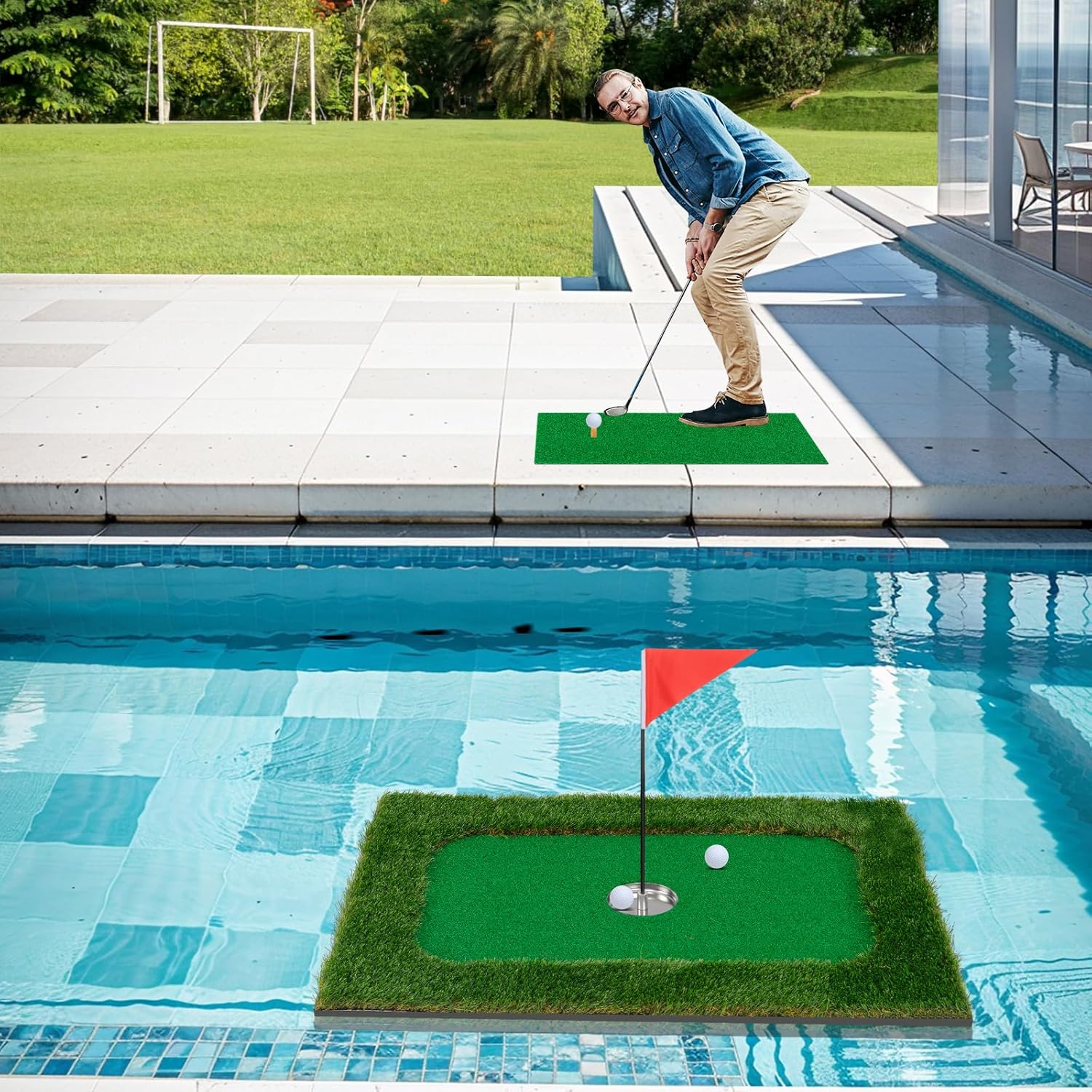 Goplus Floating Golf Green for Pool, Chipping Green Mat w/Hitting Mat, Golf Balls, Flag & Tee for Golf Training Game, Golf Putting Mat for Outdoors Backyard Water