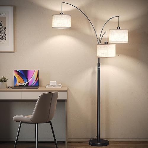 Miniatura 7 de SUNMORY Lámpara de pie de 3 luces para sala de estar, lámpara de pie de 78 pulgadas de alto con pantalla de tambor colgante, lámparas de pie de arco