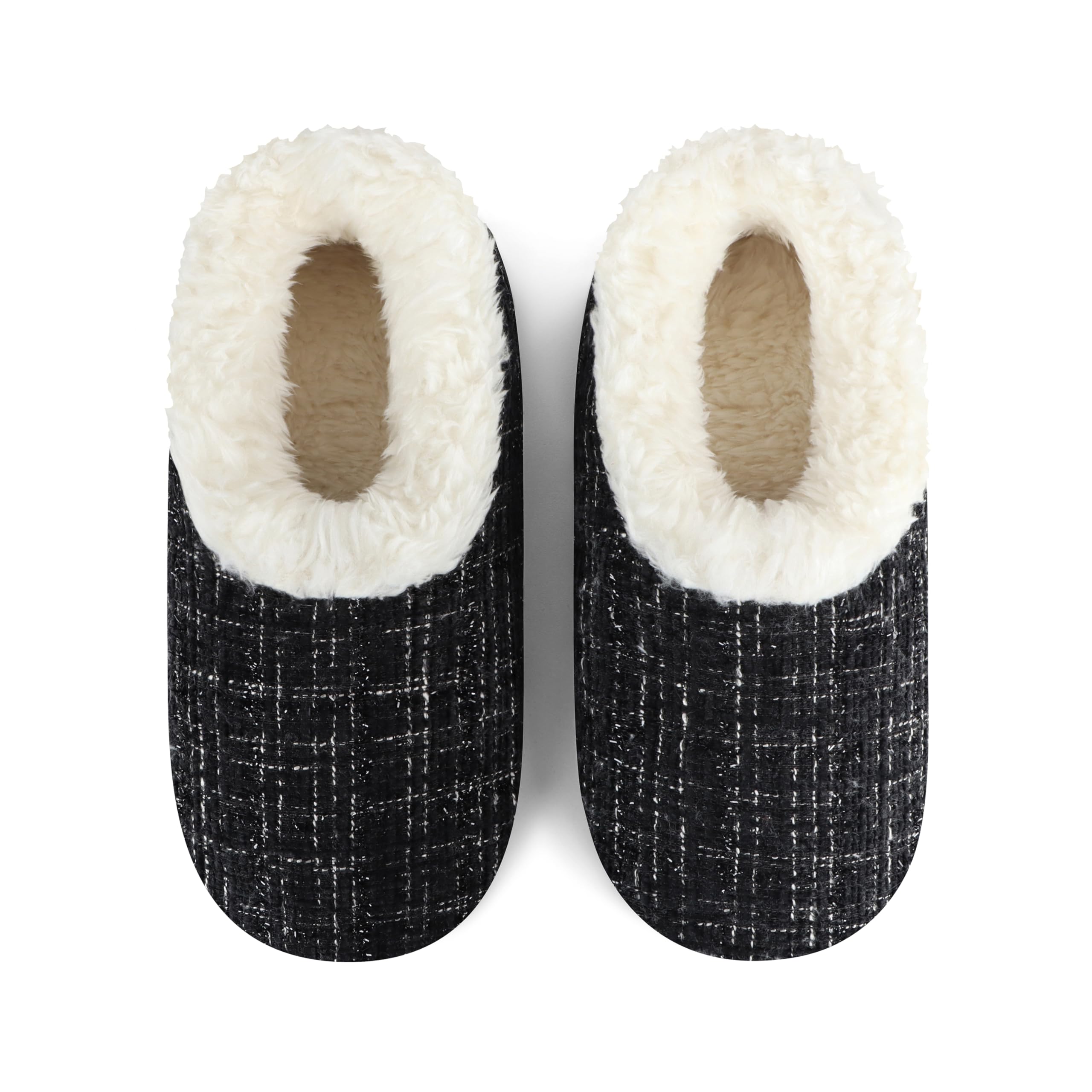 Snoozies Glitzernde Tweed-Hausschuhe für Damen mit Sherpa-Futter, Memory-Schaum-Hausschuhe, rutschfeste Sohle