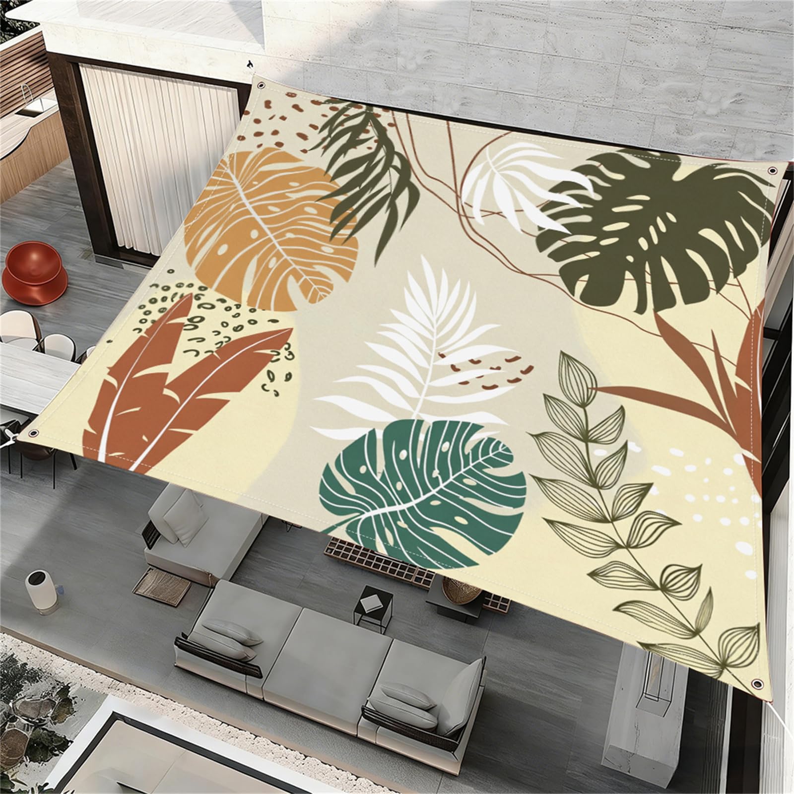 ENEN Shade Sails Square, Modern Nordic Style Waterproof Awning Outdoor Garden Shelter, Uv Block Sun Shade Sail with Free Ropes for Patio Party Pergola Balcony (Tropical Monstera Leaf,2x2.4m)