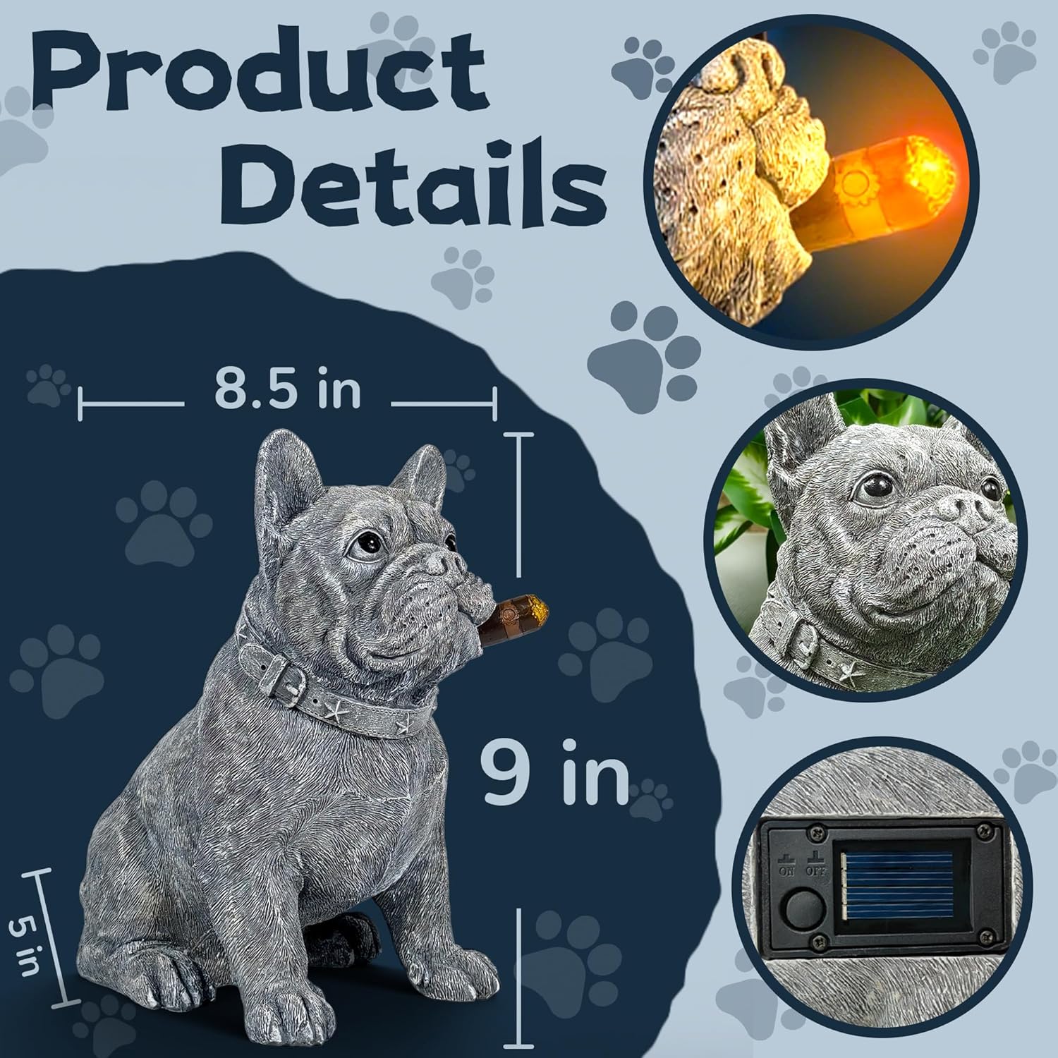 Dog Solar Garden Statue with LED Light - Outdoor Yard, Lawn, Patio French Bulldog Decor - Unique Birthday Housewarming Gift for Dad, Mom, Men, Women - Image 2