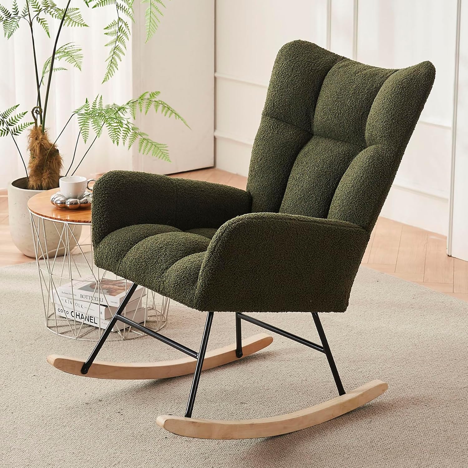 Rocking Chair for Nursery, Comfy Rocking Chair Nursery with High Backrest and Soft Seat, Modern Upholstered Glider Rocking Chair, Teddy Nrsery Chair for Living Rooms, Bedrooms, Offices (Emerald)