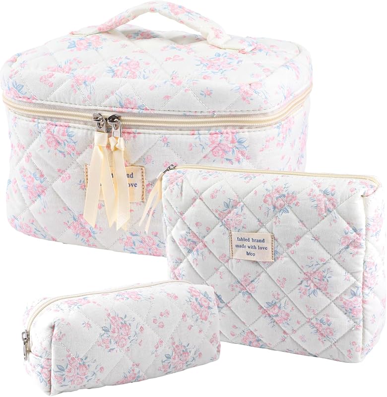 Necessaires de maquiagem acolchoadas YINGJEE com estampa floral, algodão, 3 unidades, 10-pink green flowers