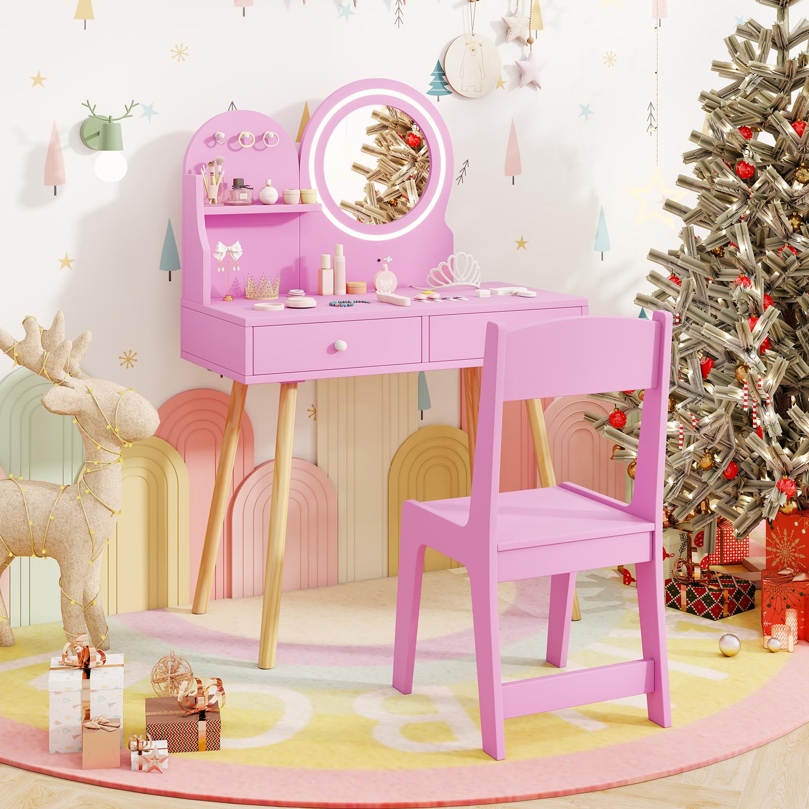 COSTWAY Toeletta Trucco Bambina da Principessa con Specchio Illuminato