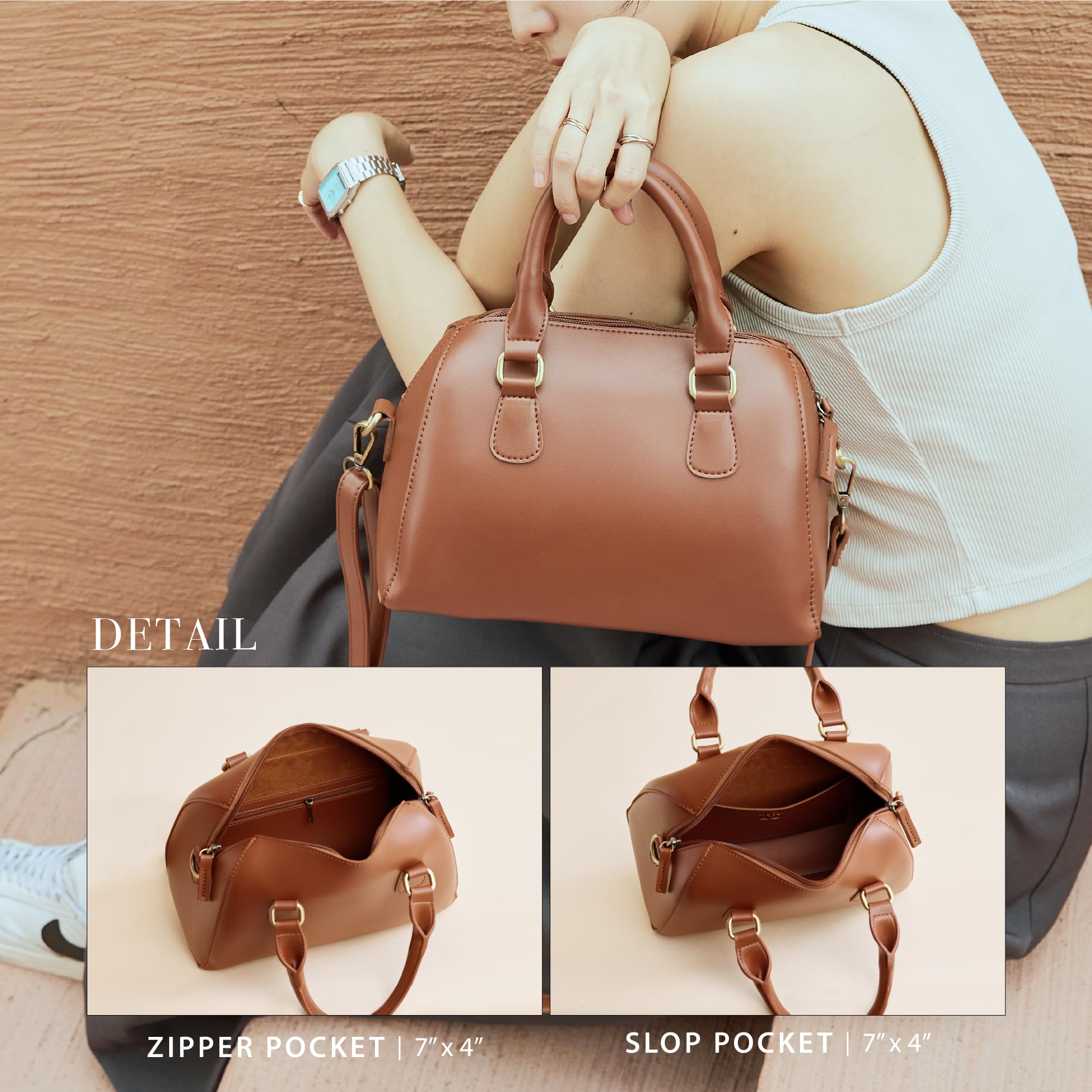 SUNLIGHT LEAVES Bolso Boston de cuero vegano para mujer, vintage, con asa superior, retro, bolso de hombro simple clásico