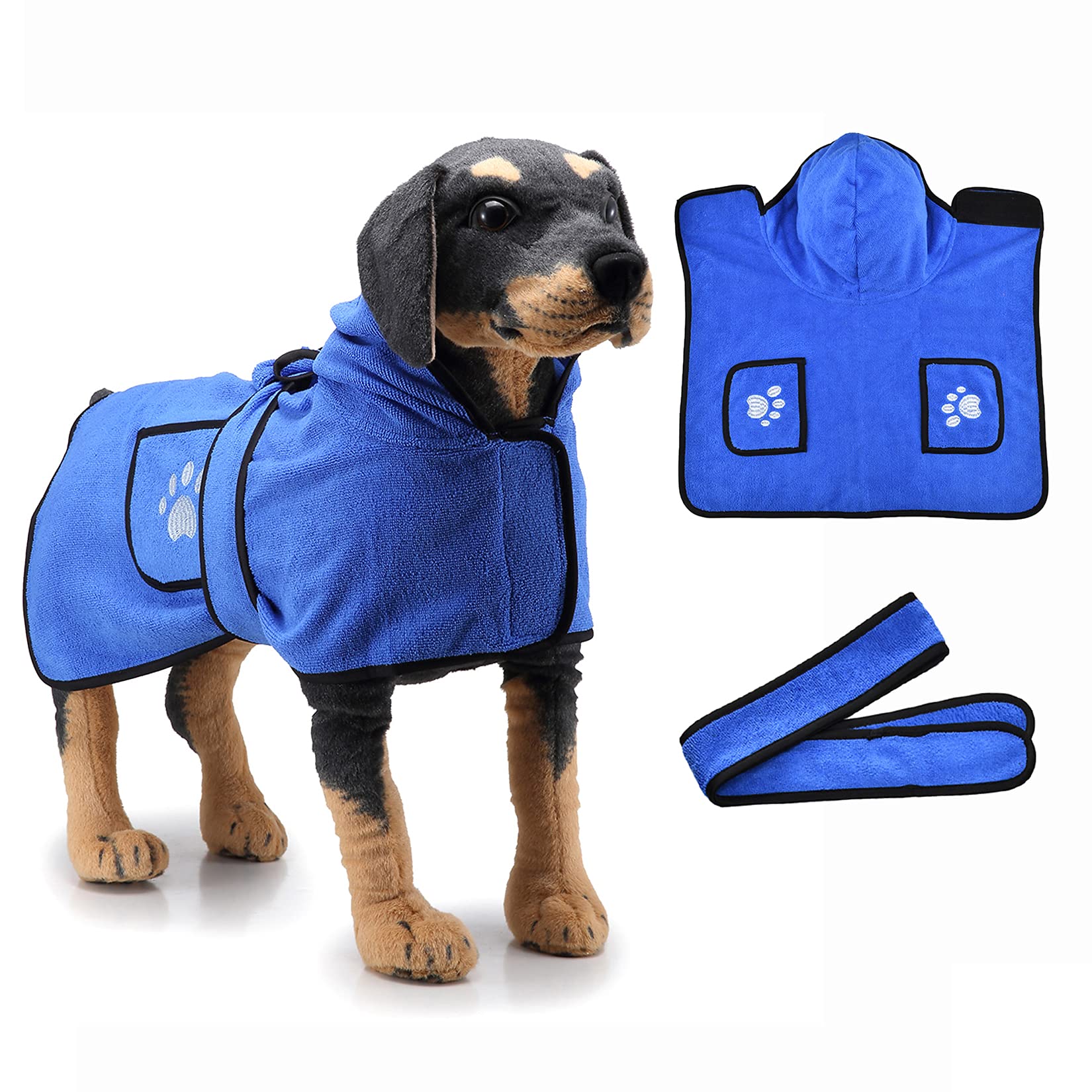 Ranphy Dog Bathrobe Towel with Hood Soft Pet Bath Robe with Double Pocket and Belt Super Absorbent Quick Dry Dressing Gown Pajamas Small Medium Large Dog Fast Drying Coat for Bath Beach Trips