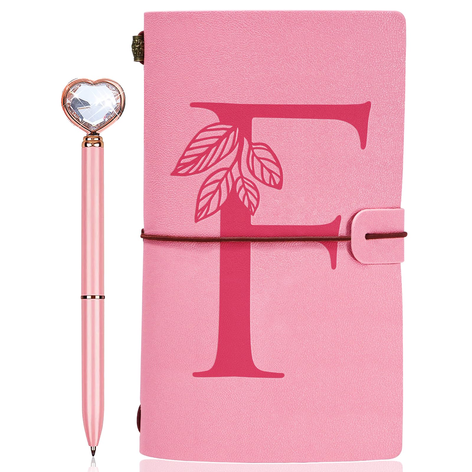 JEWPHX Personalized Journal Gift-Pink Initial Leather Journal+Heart Diamond Pen Set,Travel Notebook Diary Gifts,Refillable Notepads,Christmas,Birthday Gifts for Women Girls (7.9"x4.7") (F)