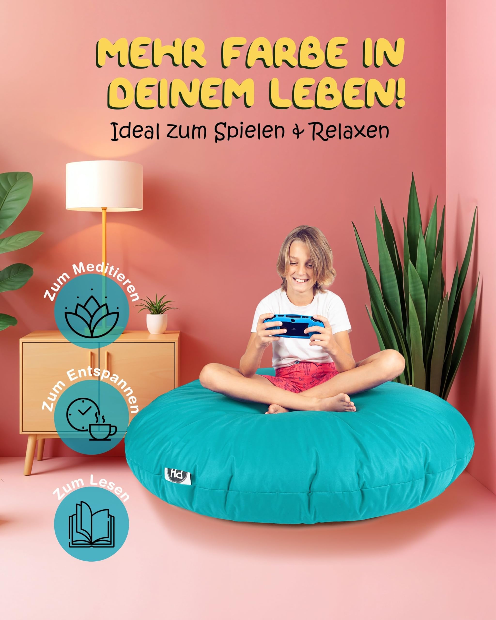 PATCH HOME Sitzsack 2 in 1 Sitzkissen Bodenkissen für Erwachsene & Kinder - Gaming mit Füllung Kissen Sessel BeanBag (Ø 125cm, Türkis)
