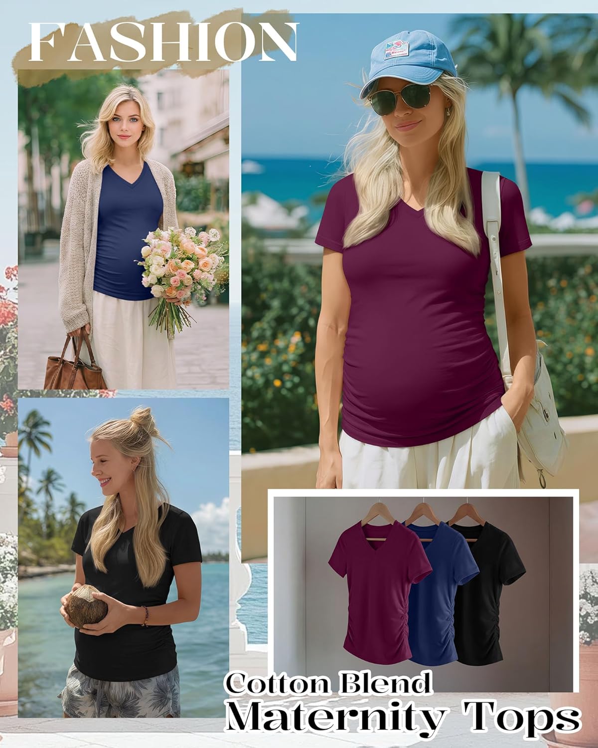 Ficerd 3 Pack Women's Maternity T-Shirts Cotton Blend Short Sleeve Pregnancy Shirts Summer V Neck Mama Tees Tops