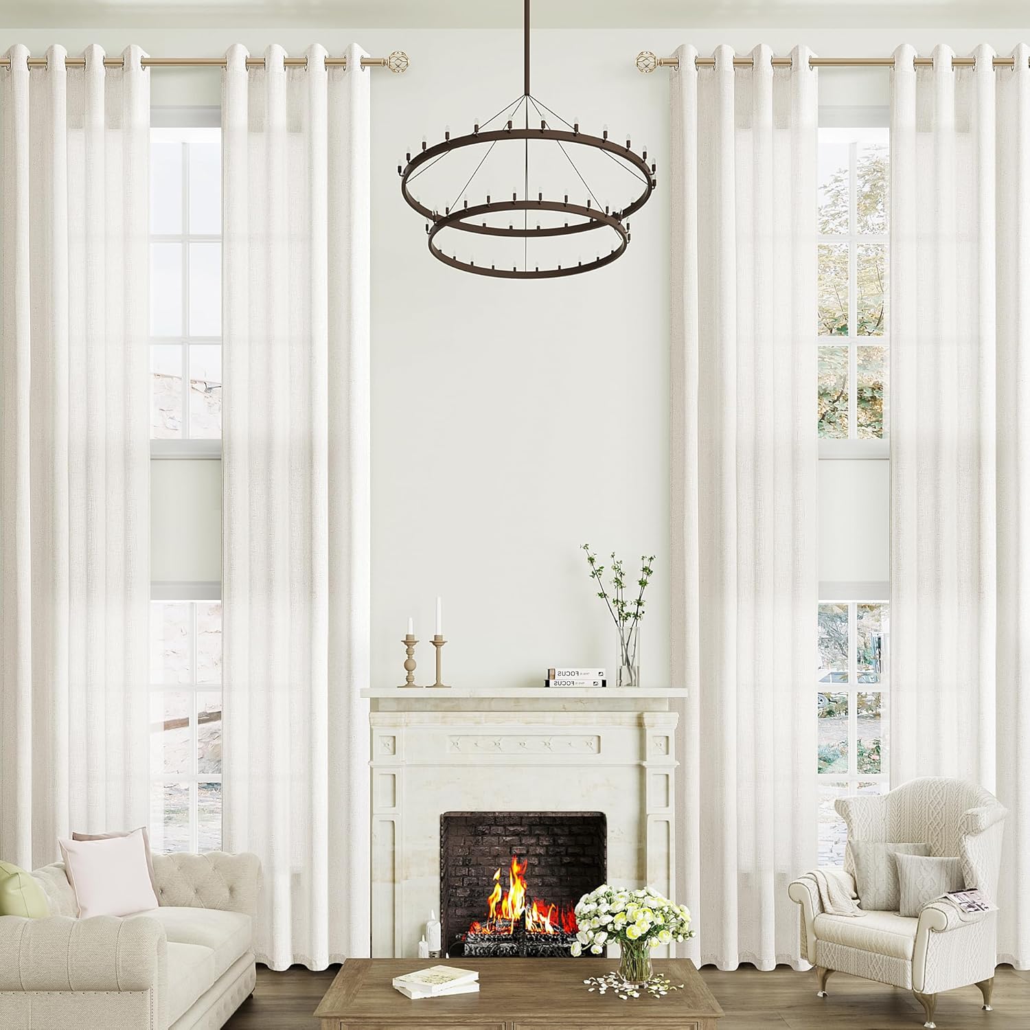 Guken Cream 204 Inch Extra Long Linen Curtains for High Living Room Grommet Modern Neutral Drapes Light Filtering Semi Sheer Curtain for Floor to Ceiling 2 Story Large Window 1 Panel, W52xL204