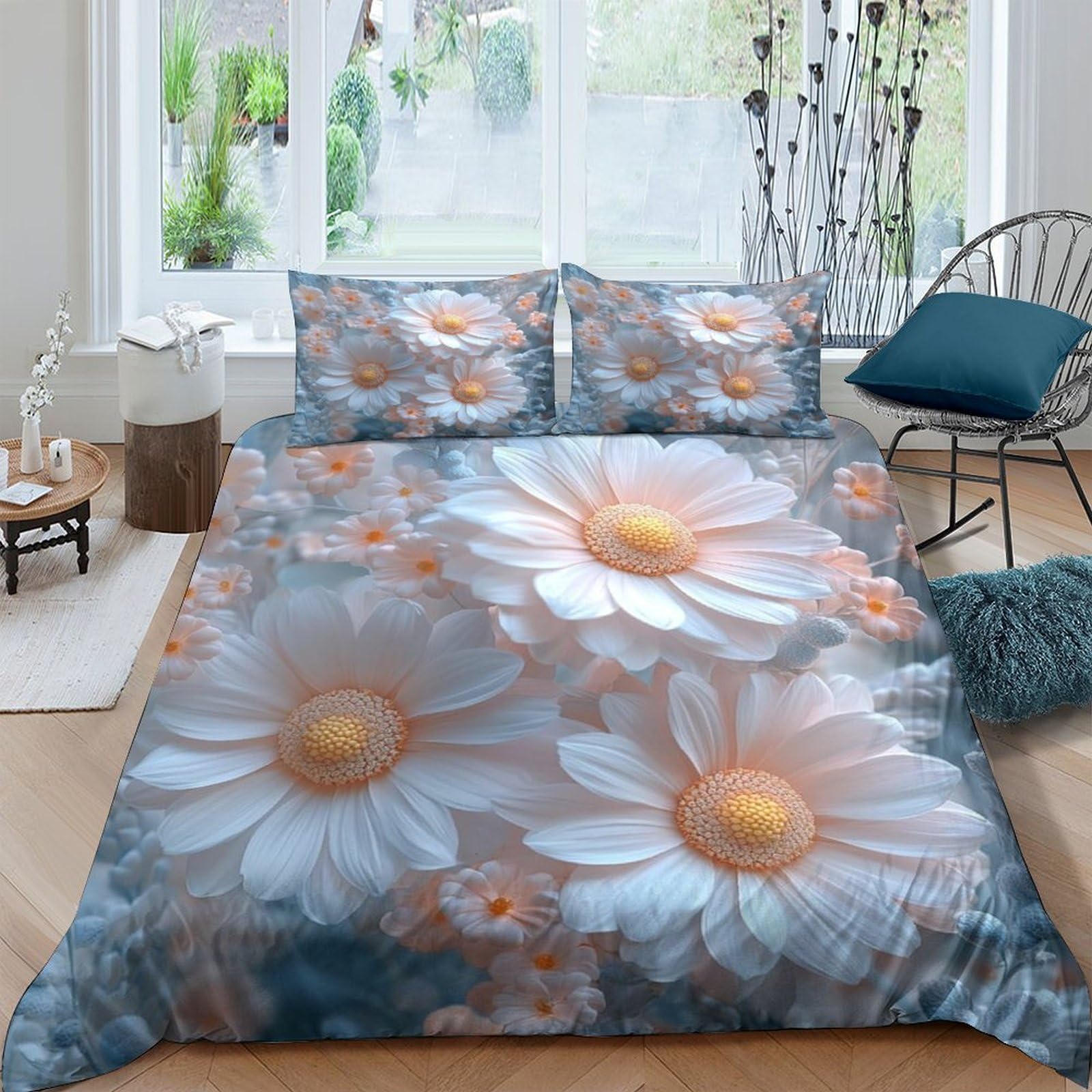 Ctjqhvkz Style-9 3D Printed Daisy Floral Fitted Sheet Microfiber Soft Blue Orange Bed Cover For Bedroom Dorm Mattress Decor Single（135X200cm）