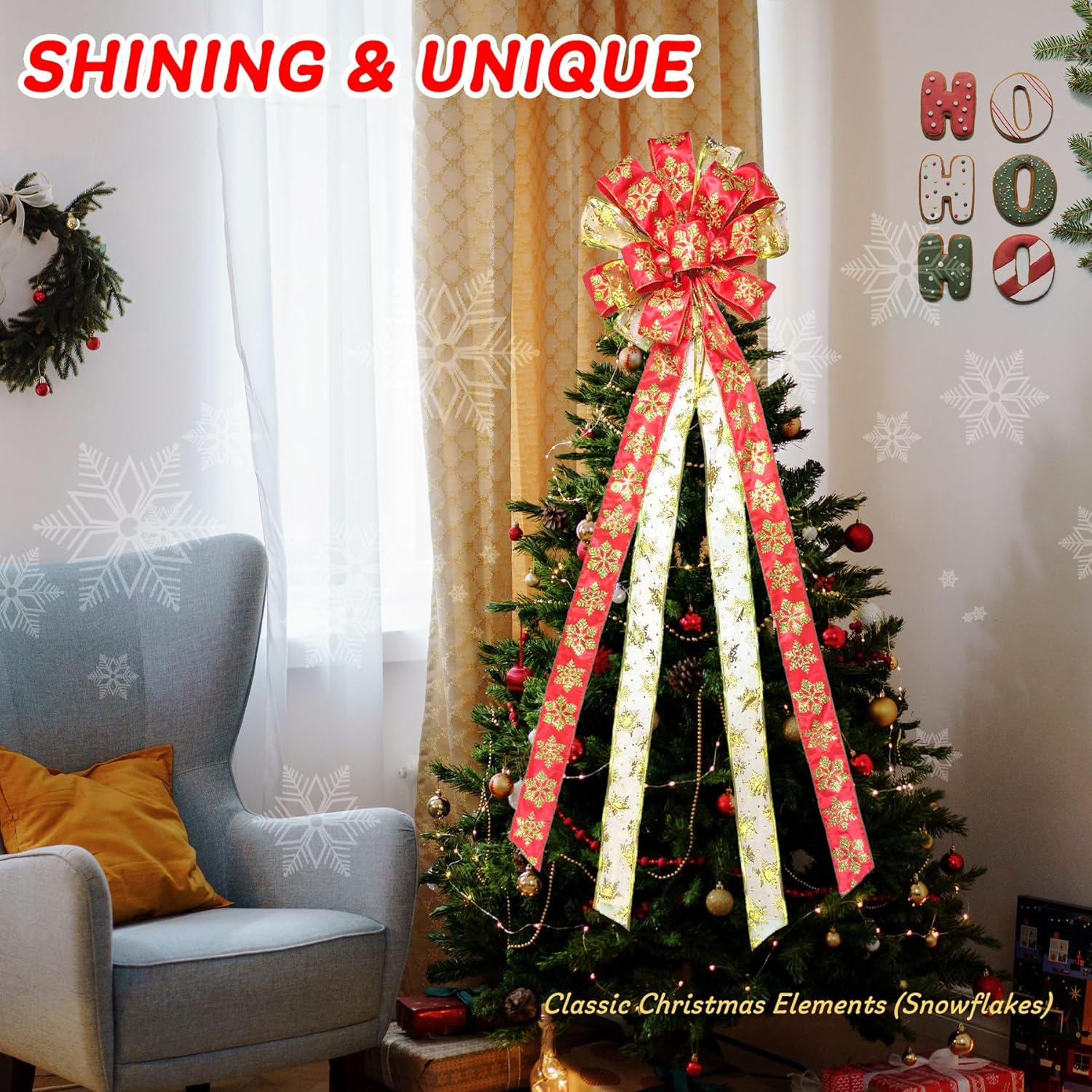 Decorations Christmas Tree Topper, Large Glittered Snow Flakes Decor Bow with Glitter Satin Streamer Christmas Ornament for Your Christmas Indoor Party Holiday Decoration & Gift, 48x13.8 Inch - Image 4