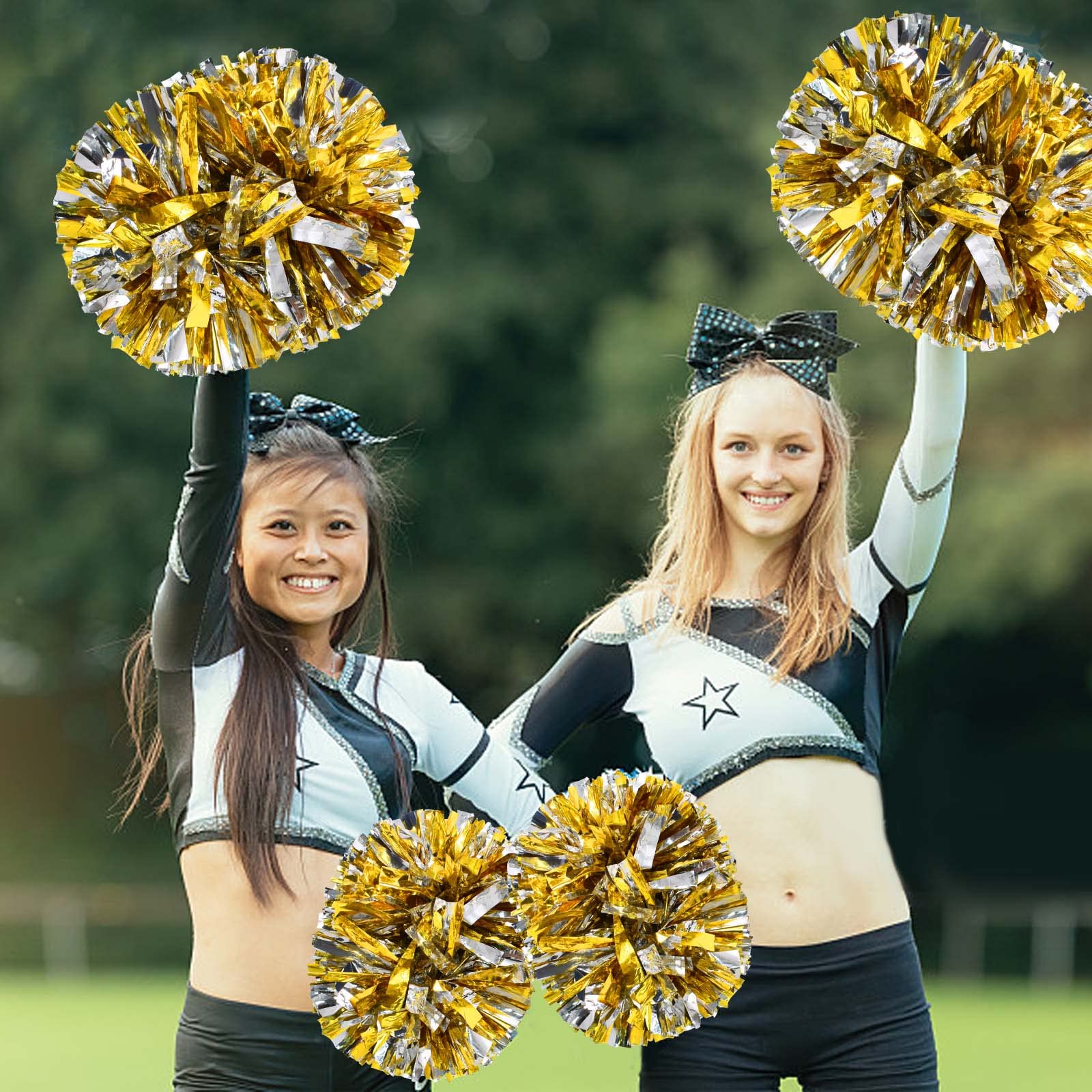 Colexy Pompones de Animadora, 2 Piezas Cheer Leader Poms Animadora Poms, Cheerleading Pom Poms Metallic Cheers Bola de Flores con Mango, para Competición Deportiva, Celebración Navideña — view 7