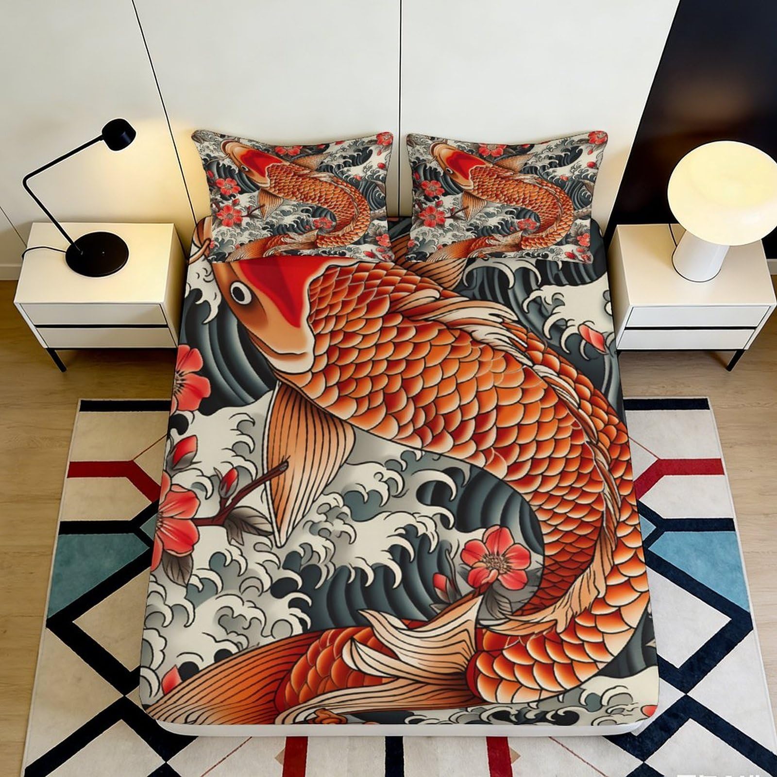 3D Printed Japanese Koi Fish Fitted Sheet Microfiber Anti-Slip Red Black Wave Bed Cover for Bedroom Guest Room 200x200x25cm