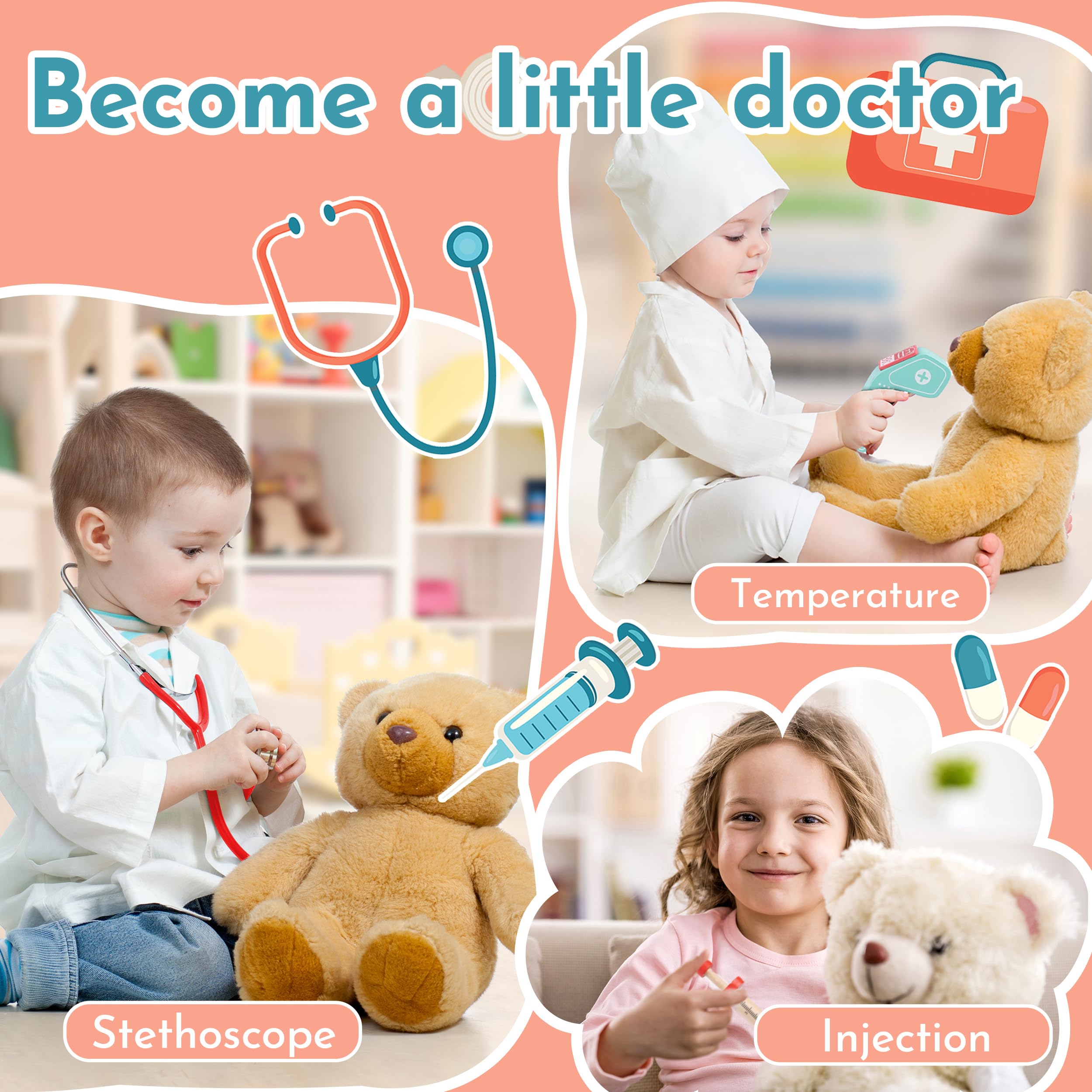 KidMigo Kids Doctors Set Dentist Role Pretend Play Wooden Toddler Toys for Kids Dress Up Costumes Gifts for Girls Boys Age 3 Stethoscope for Doctors Playsets - Image 2