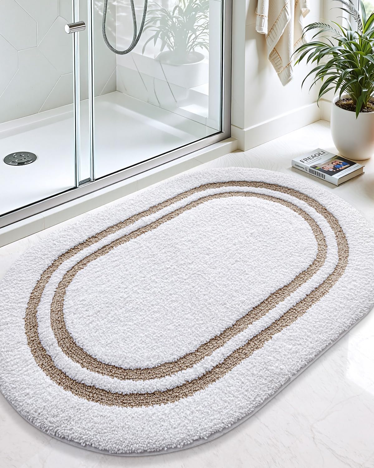 DEXI Oval Bathroom Rug Mat, 24x36, Non Slip Washable Absorbent White Mats, Thick Soft Microfiber Shower Rugs for Bath Accessories Decor, Beige