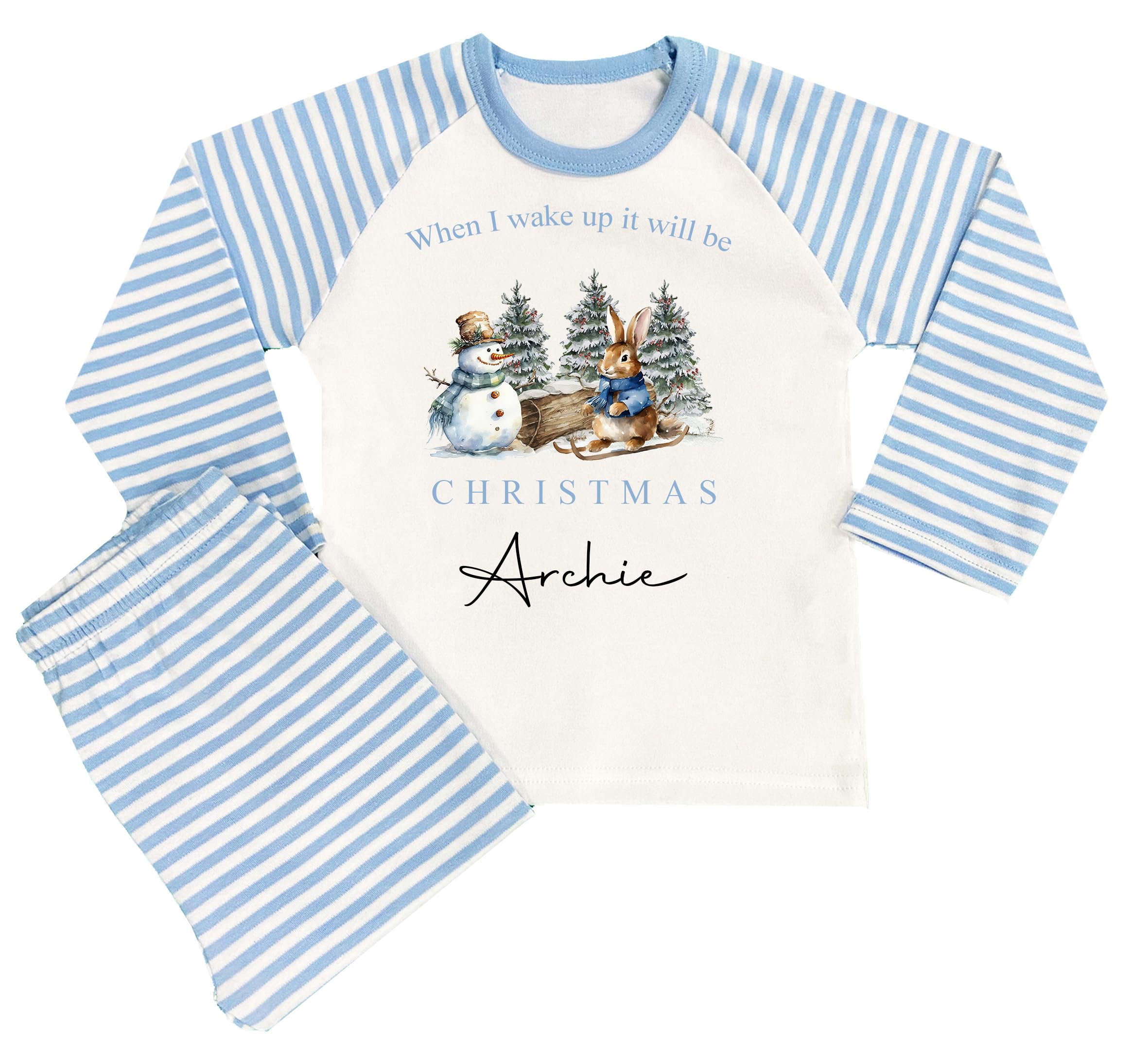The Baby Box UK Personalised Boys When I Wake Up Christmas Pyjamas Xmas Pjs (Blue When I Wake Up Bunny Snowman, 2-3 Years)