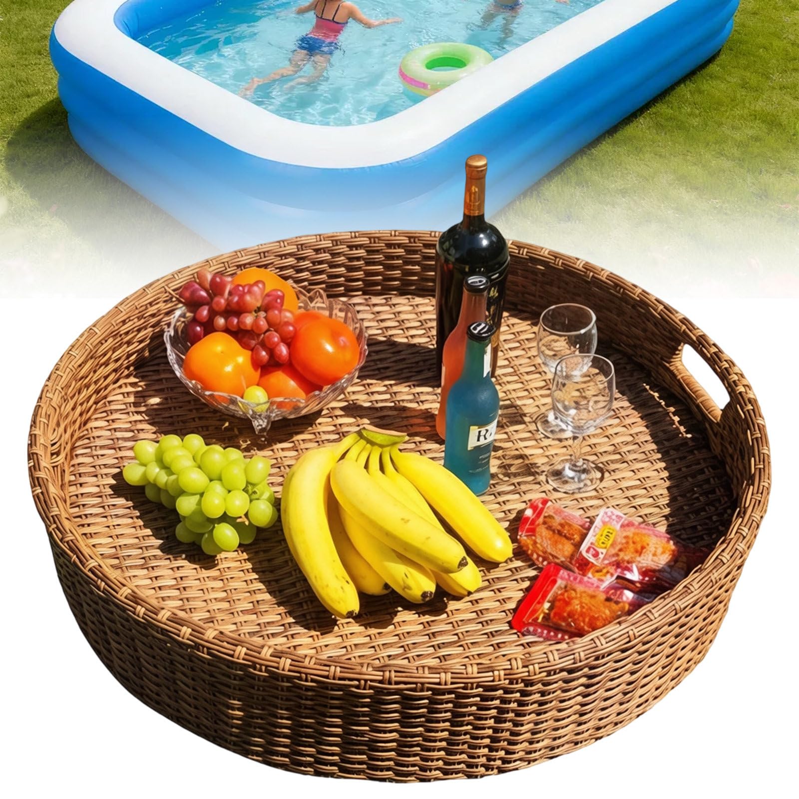 DzkZen Floating Tray for Pool,Round Rattan Woven Floating Serving Tray - Stylish & Functional Tray for Pool Serving Drinks and Brunch Moments Apricot-60cm