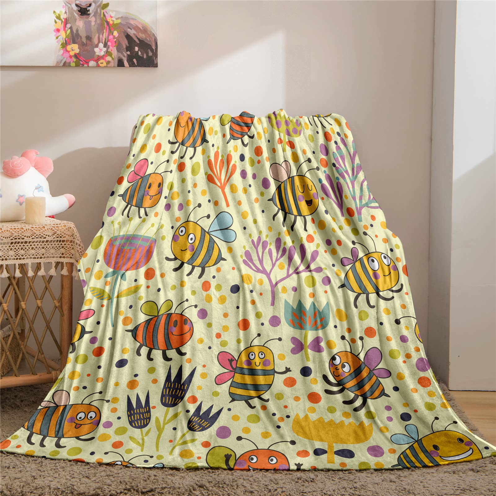 YUANZU Bee Blanket Throw, Kids Flower Cartoon Jungle Forest Spring Floral Print Pattern Soft Cozy Flannel Blanket, Warm Lightweight Plush Throw Couch Sofa Bed Cover, Gifts for Boys Girls 50x60 inch
