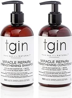 tgin Miracle RepaiRx Strengthening Shampoo and Conditioner Duo for Curly, Coily and Wavy Hair, with Biotin and Black Castor Oil, Repairs and Restores Damaged, Color-Treated Hair, 13 oz (Set)