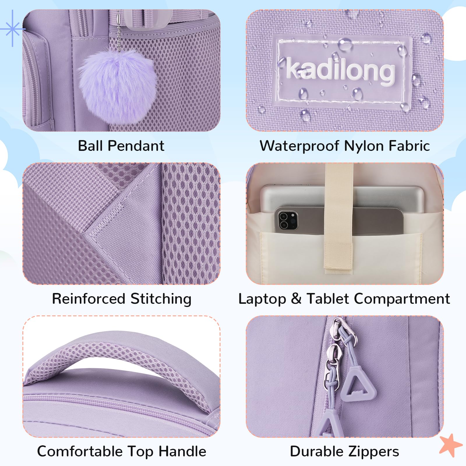 kadilong 17.3 Pouces Sac à Dos Ordinateur Portable 15.6 Pouces Femme,Cartable Scolaire École Collège Lycée Université Fille avec Port de Chargement USB,Sac à Dos Voyage Affaires