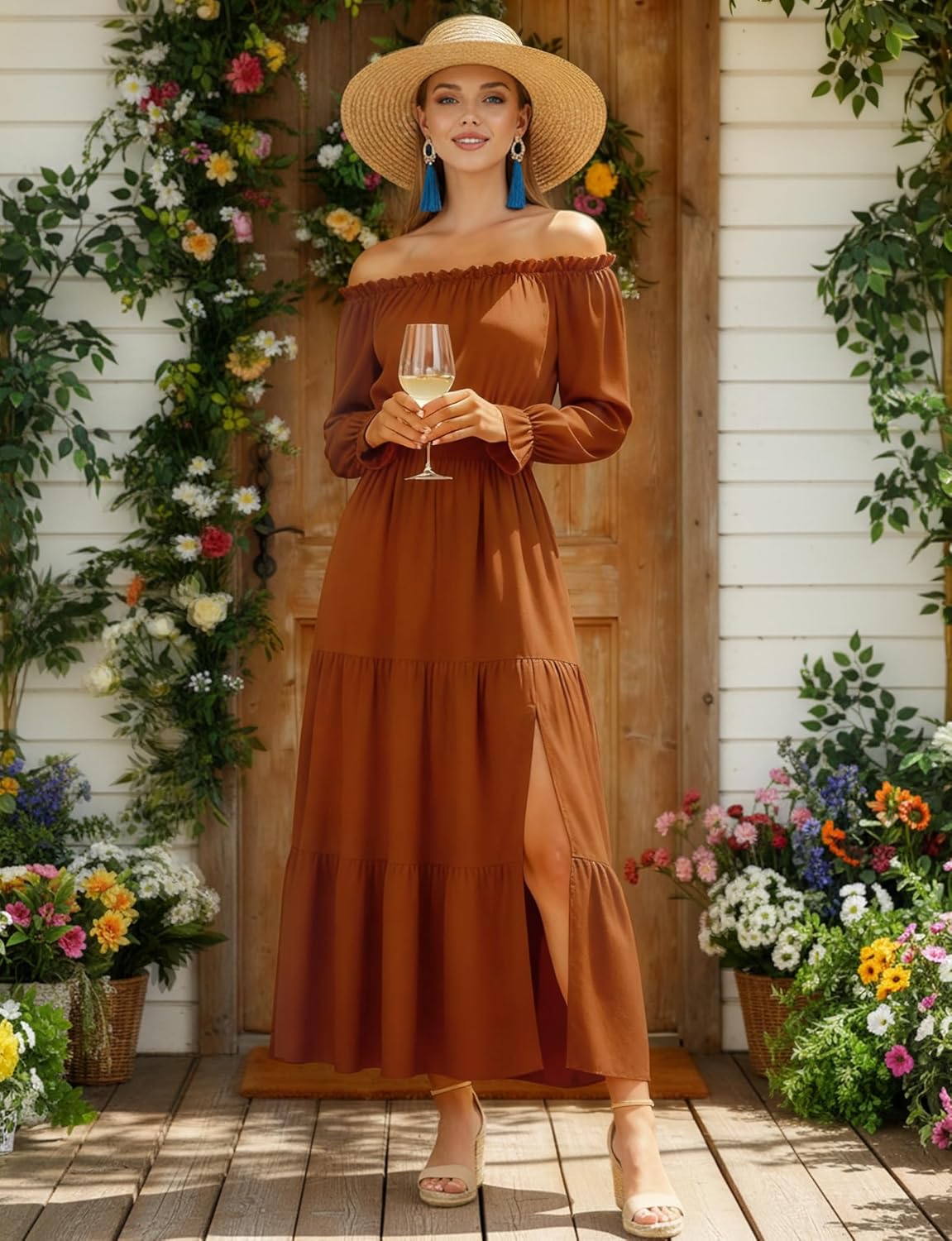 Women's Off Shoulder Boho Dress Long Sleeve High Waist Side Split Flowy Sexy Maxi Dress Wedding Cocktail Casual Dress - Image 4