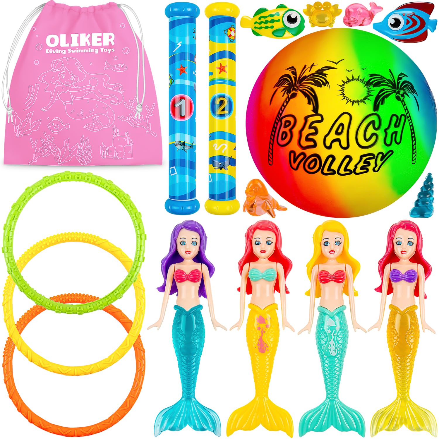 Pool Diving Toys Games,Summer Pool Diving Swimming Toys for Kids Ages 4-8, 8-12,with Storage Bag, Summer Beach Colorful Toys,Dive Throw Toy for Pool, Beach, Bathroom and Party (17 Pcs)