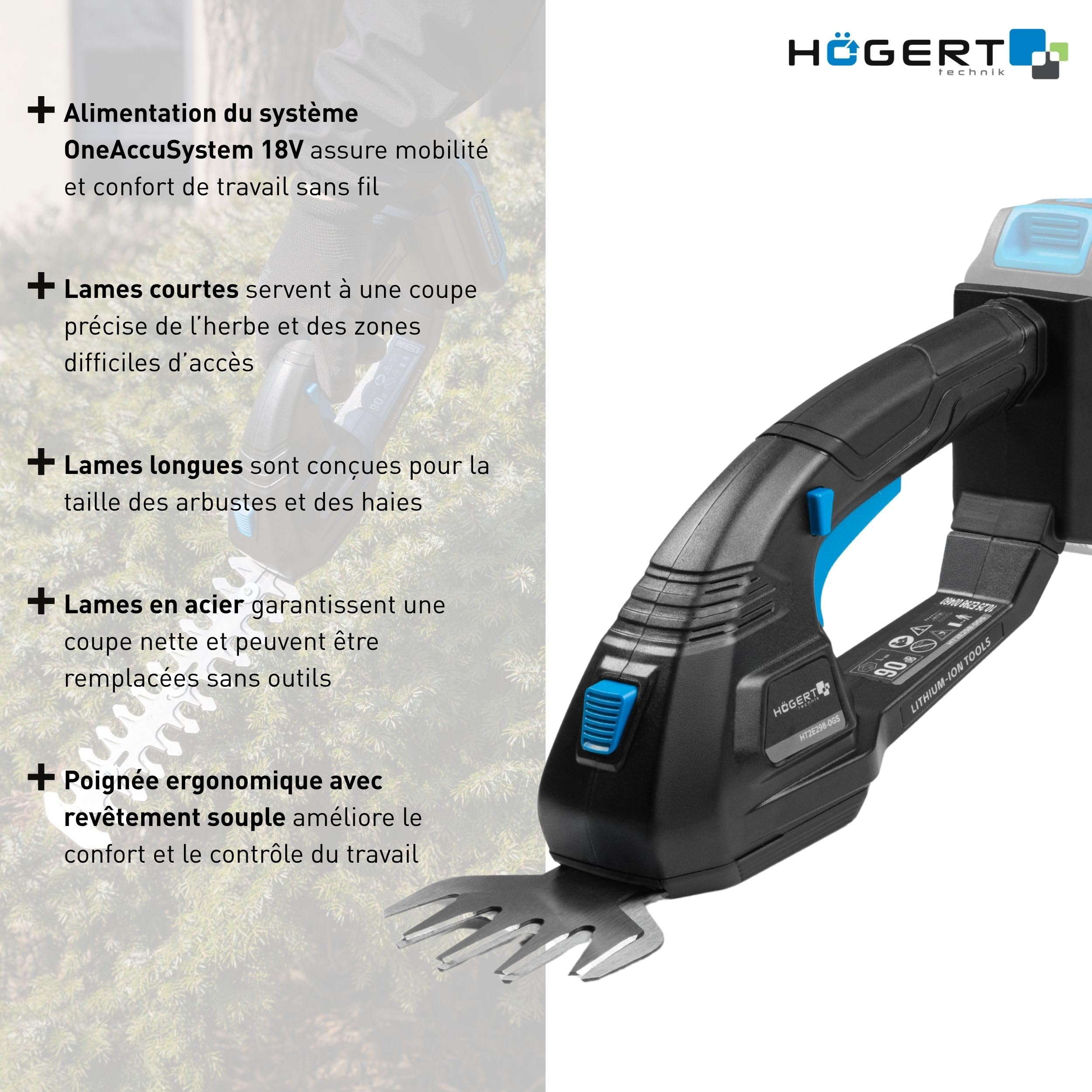 HÖGERT TECHNIK Cisaille à Gazon et Taille-buisson sans Fil 18V, cisaille de Jardin pour Bordures de pelouse, Taille de Forme, Entretien des buissons et des Haies, sans Batterie