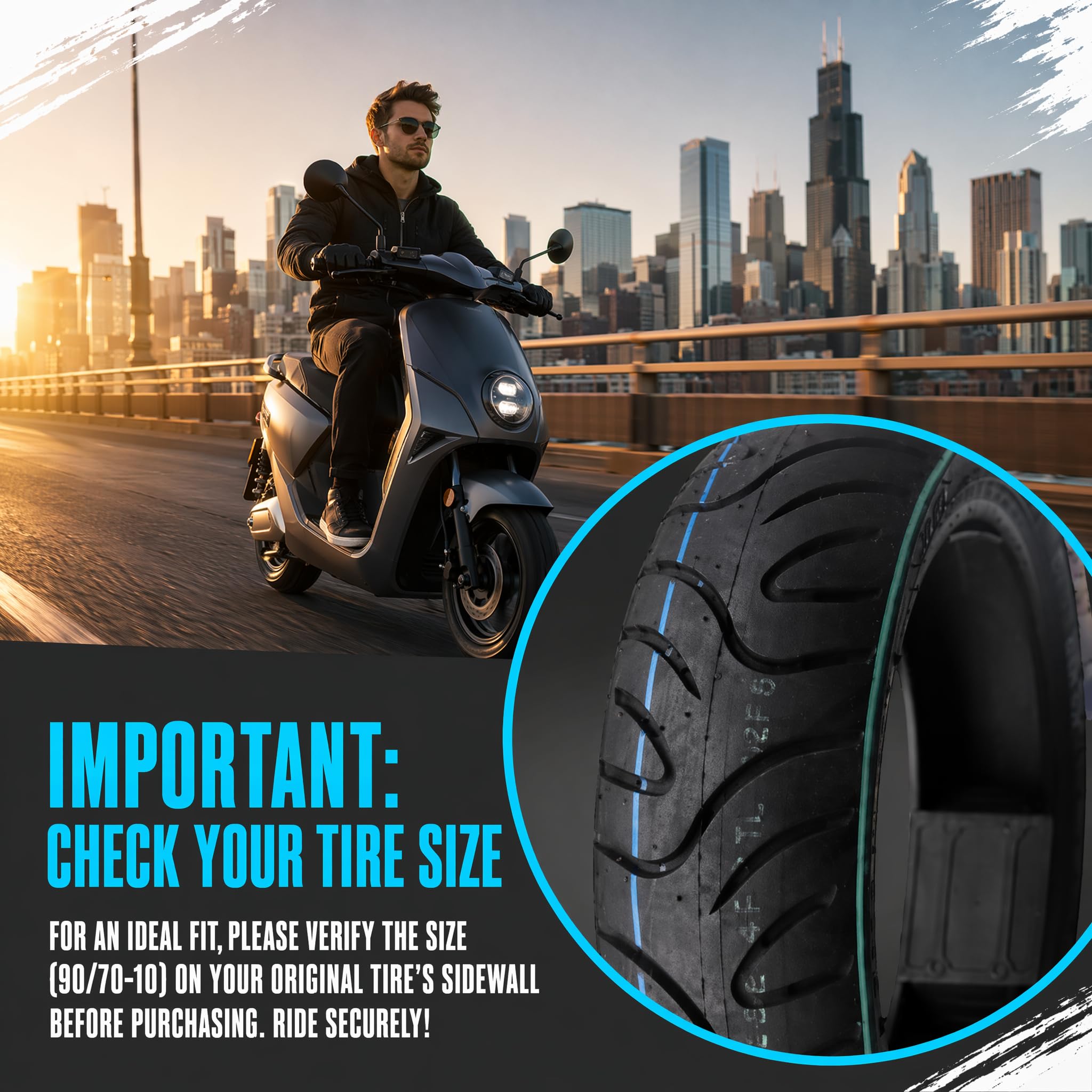 90/70-10 Neumático Sin Cámara para Scooter, 90 70 10 Neumáticos Neumáticos 4PR 225kPa 33J para Rueda Delantera o Trasera de Scooter Eléctrico