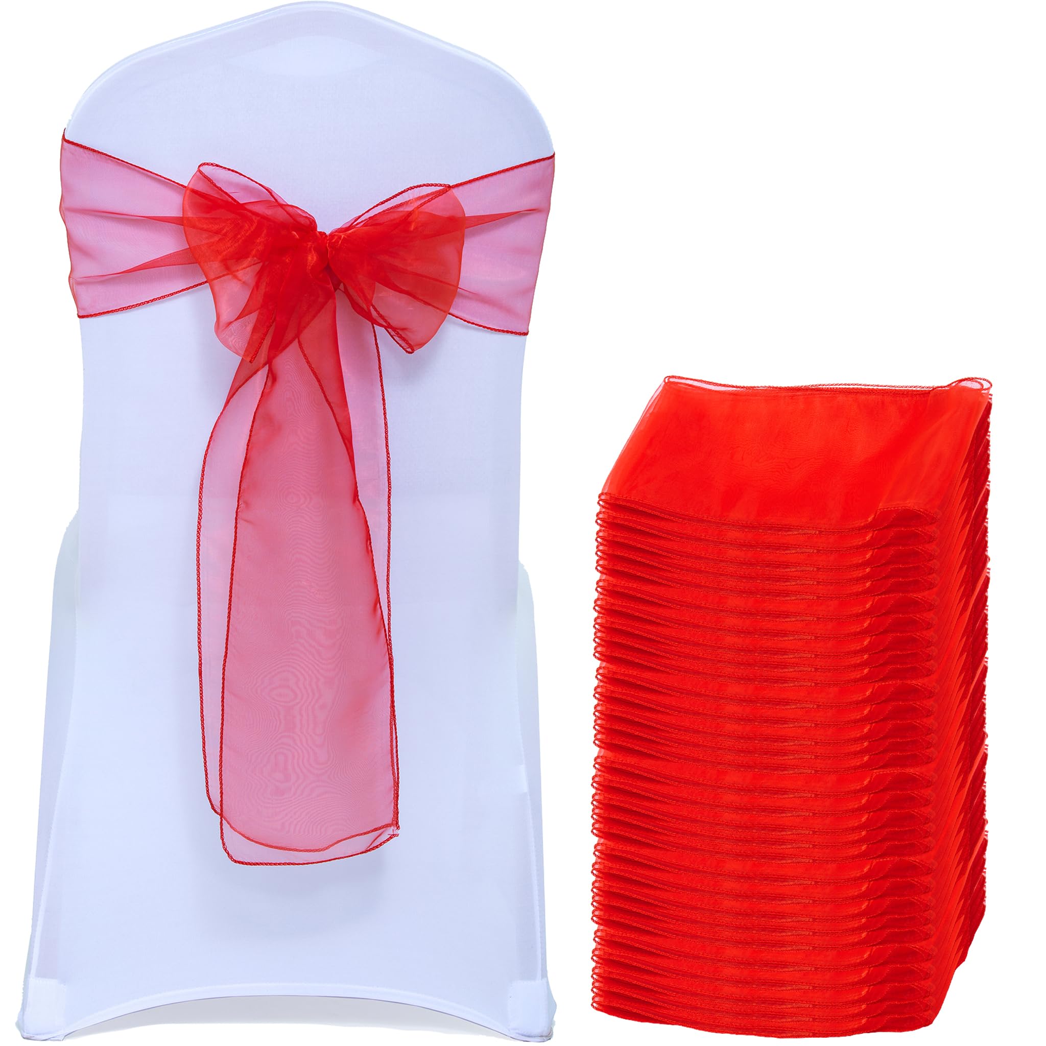 EDecor Pack of 150 Organza Chair Sashes for Wedding & Party Decorations – Reusable Sheer Chair Bows Tie Back for Banquet Chairs, Bridal Shower, Birthday, Reception Event Styling Décor - Red — image 1