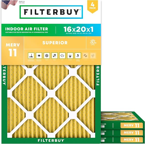 Close-up of the Filterbuy 16x20x1 MERV 11 air filter showing its pleated synthetic media and sturdy frame.