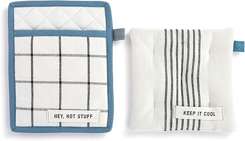 DEMDACO Hey Hot Stuff Keep Cool - Juego de 2 agarraderas de algodón y poliéster, 7 x 9 pulgadas, color azul y negro