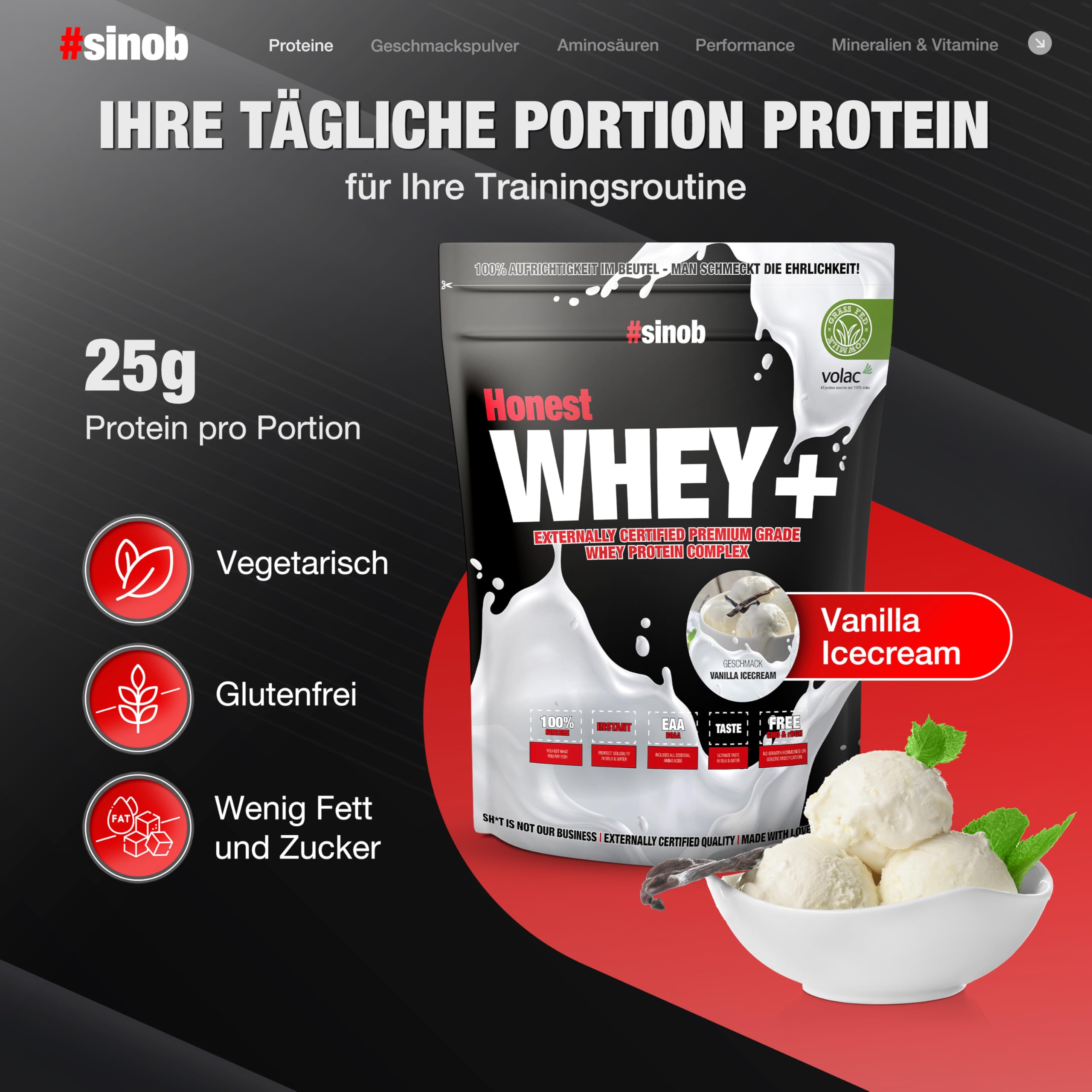 #sinob Honest Whey Vanilla Icecream 820 g | Grass Fed Whey Protein Pulver | Aus irischer Weidemilch | Mit Sonnenblumenlecithin statt Sojalecithin
