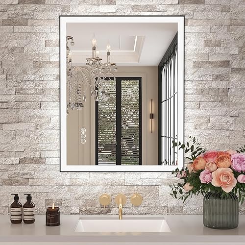 Amorho Espejo de baño LED de 28 x 36 pulgadas con marco negro, luz frontal y retroiluminación (controlado por separado), regulable continuo,