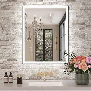 Amorho 28"x 36" LED Bathroom Mirror with Black Frame, Front Light and Backlit(Controlled Separately), Stepless Dimmable, Anti-Fog, Shatter-Proof, 3 Colors, Memory
