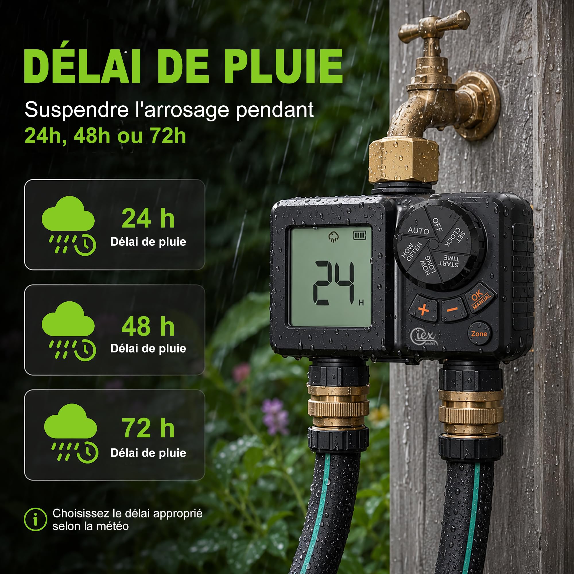 GIEX Ordinateur d'arrosage 2 voies, minuterie d'arrosage rechargeable 2 zones avec connecteur en laiton, minuterie d'eau programmable avec IP66, retard de pluie et irrigation manuelle pour jardin