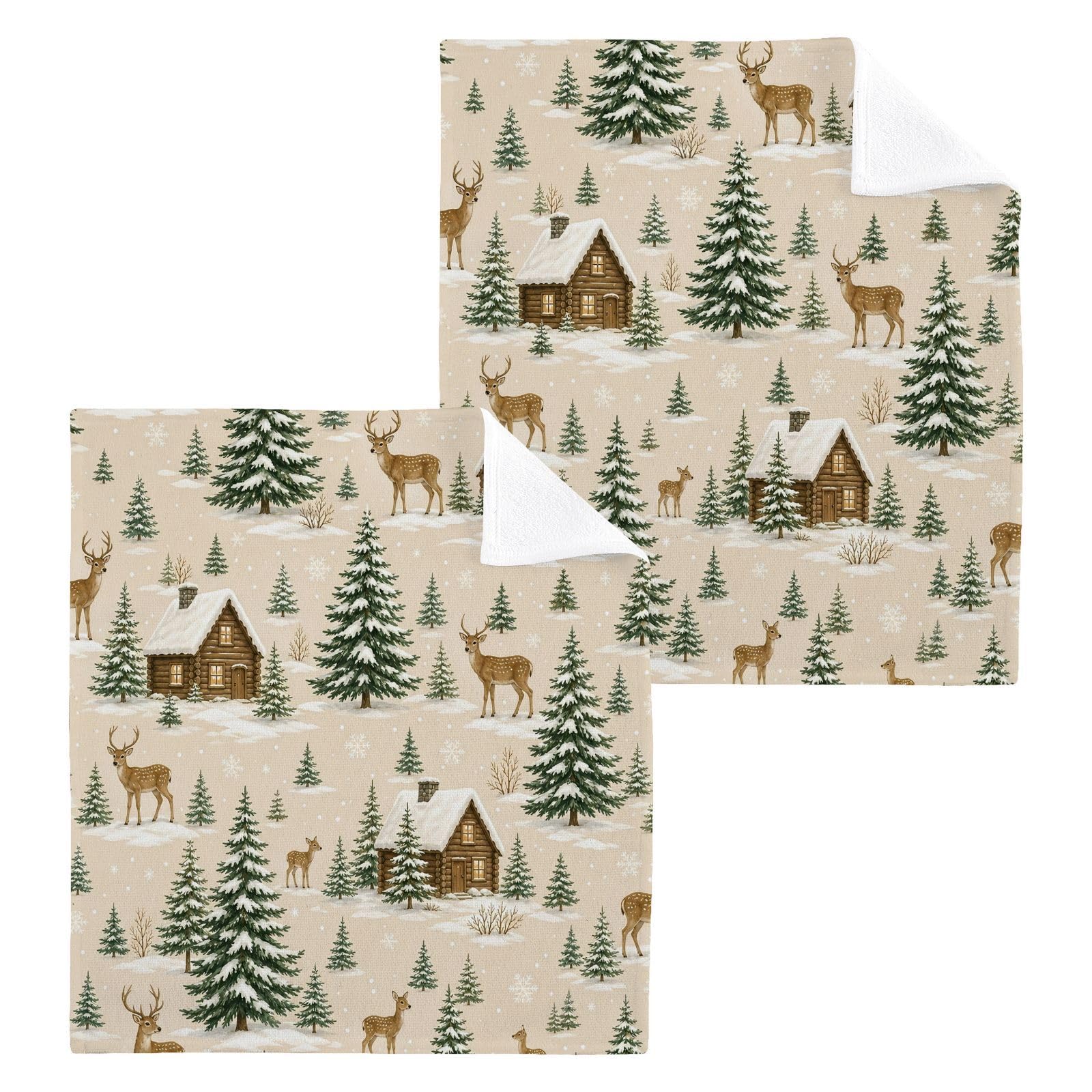 BOESI Snow Spotted Deer 12x12in Cotton Washcloth,Soft Absorbent Face Towel