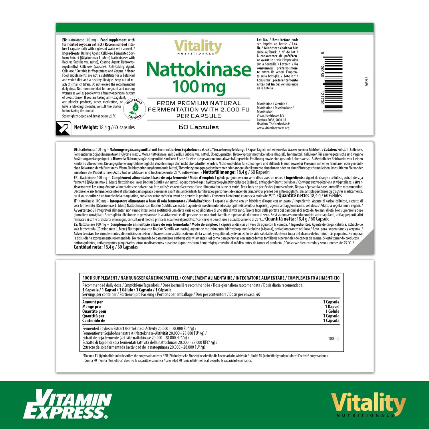 Nattokinase Hochdosiert 100 mg, fermentierter Sojabohnenextrakt (60 Kapseln) Premium Nahrungsergänzung Vitality Nutritionals by VitaminExpress