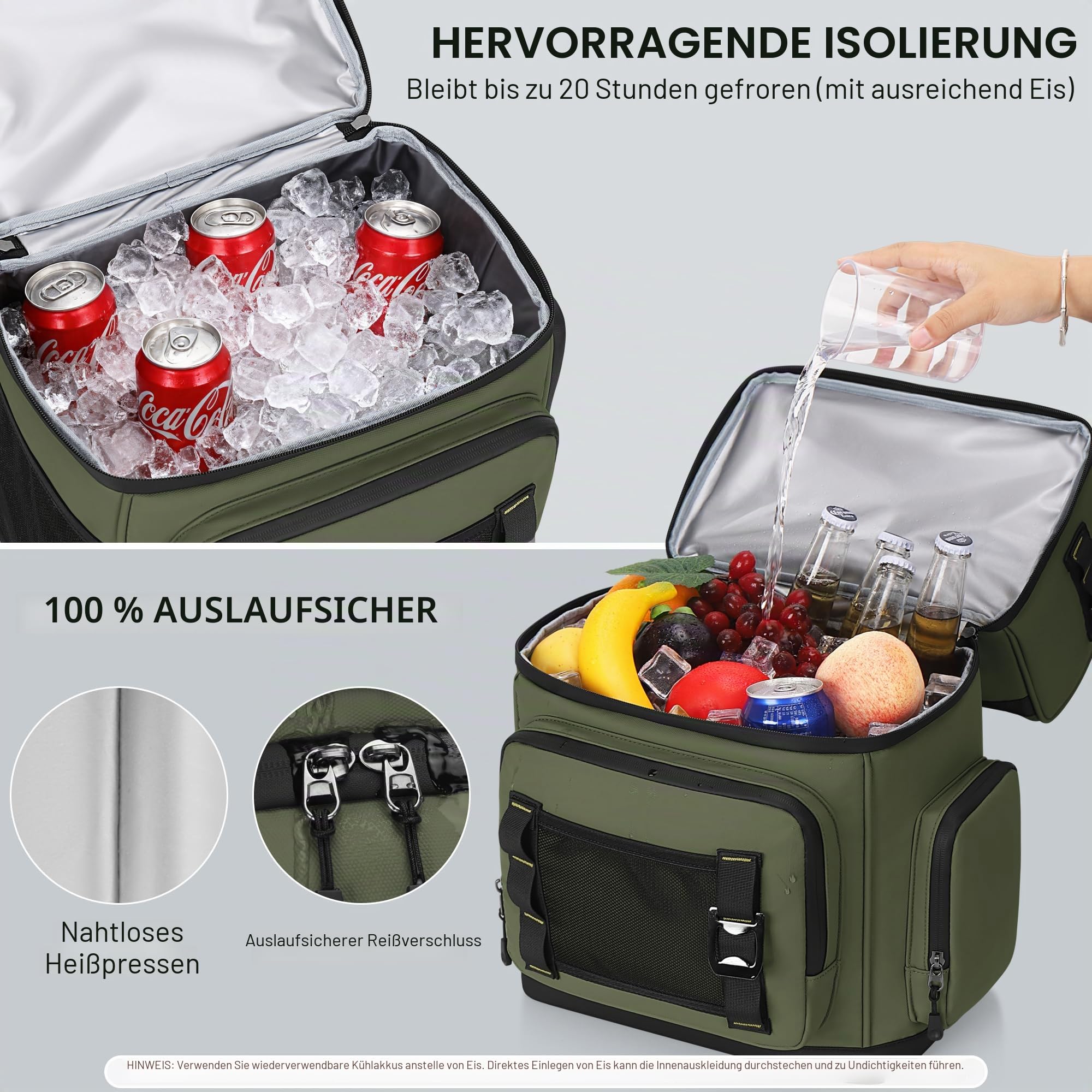 Kühlrucksack Groß Auslaufsicher, 26L Doppellagiger Kühltasche Rucksack Wasserdichter Isolierter Picknickrucksack