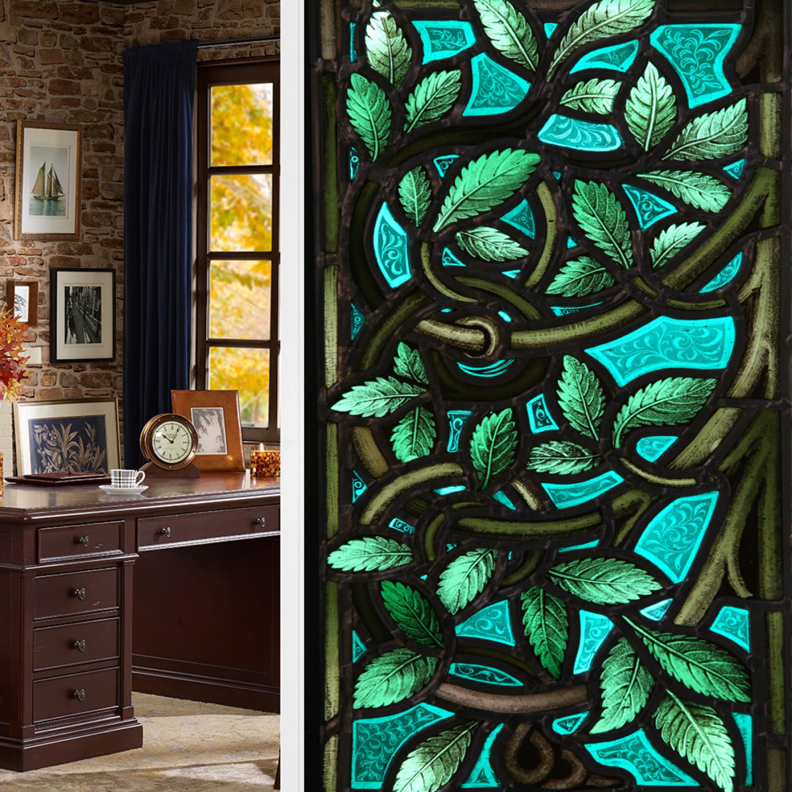 Fensterfolie Blickdicht Sichtschutzfolie, Sichtschutzfolie für Fenster im Vintage-Stil, Pfauenblau – dekorative Selbstklebende Lösung