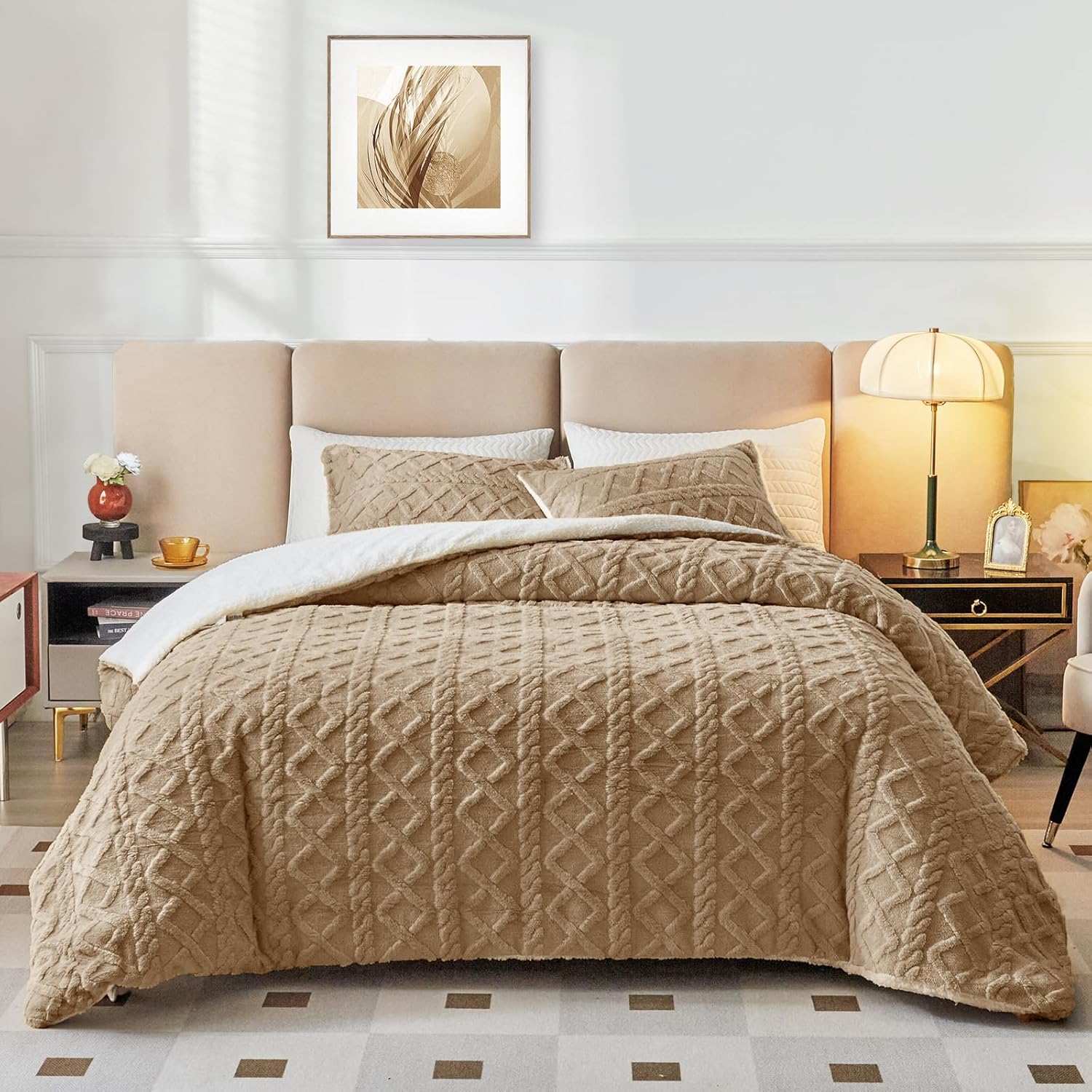 Joyreap 3-Piece Fluffy Faux Fur Sherpa Comforter Set Coffee, King Size Luxury Tufted Bedding Comforter Set, All Season Soft n Cozy Plush Comforter Bed Set- 100x88 inches