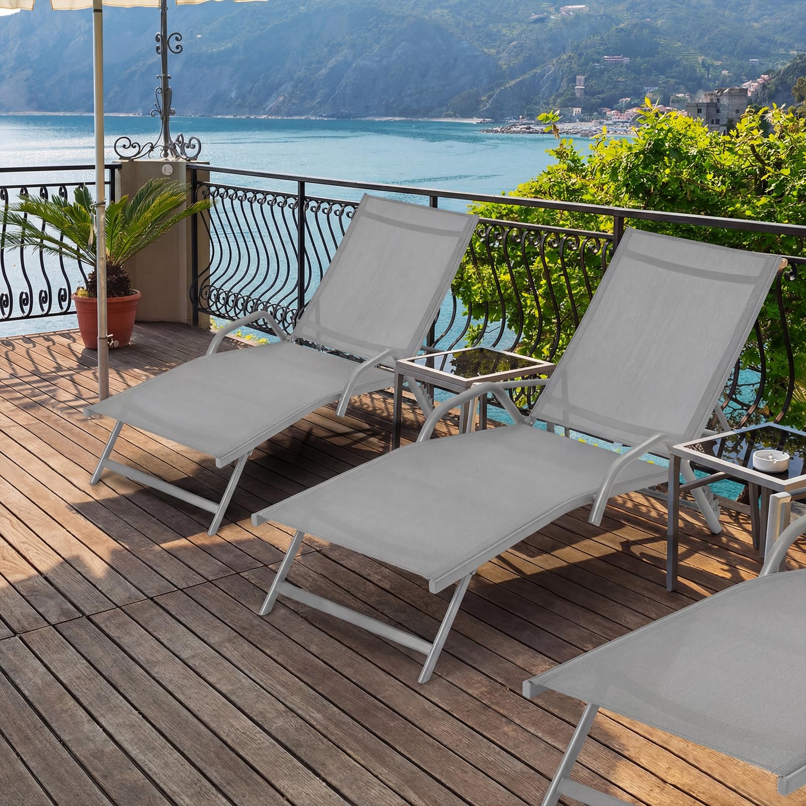 COSTWAY 2 Tumbonas Jardin Exterior, Reclinable en 5 Posiciones, Tela Transpirable, Tumbonas Liquidación Playa Jardin Piscina Exterior, 184,5 x 62 x 102,5 cm, Carga 160kg (Gris)