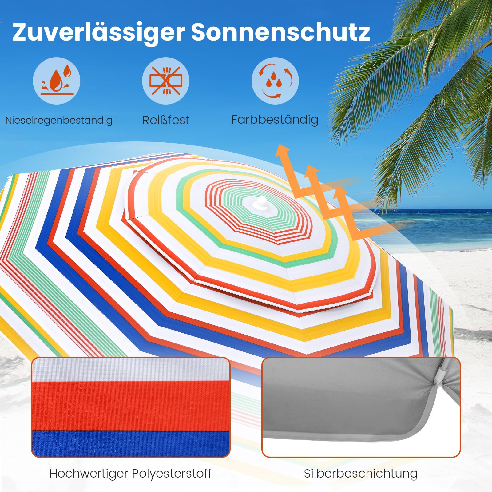 COSTWAY Parasol przeciwsłoneczny na plażę, 179 cm, odporny na wiatr, stabilny UPF 50+, możliwość zginania w zakresie 30°, ochrona przed słońcem z ostrzem do wbijania w ziemię i torbą do przenoszenia