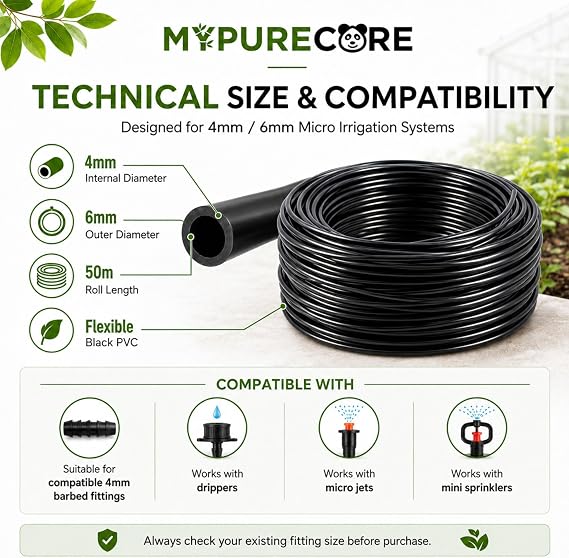 Micro Irrigation Water Pipe Tube – 50m Black Micro Tube 4mm / 6mm – Premium Hose for Garden Watering Systems – Easy DIY Installation - Ideal for Drippers, Micro Jets Mini Sprinklers. Set by MYPURECORE