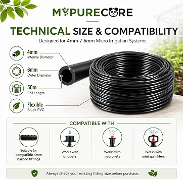 Micro Irrigation Water Pipe Tube – 50m Black Micro Tube 4mm / 6mm – Premium Hose for Garden Watering Systems – Easy DIY Installation - Ideal for Drippers, Micro Jets Mini Sprinklers. Set by MYPURECORE