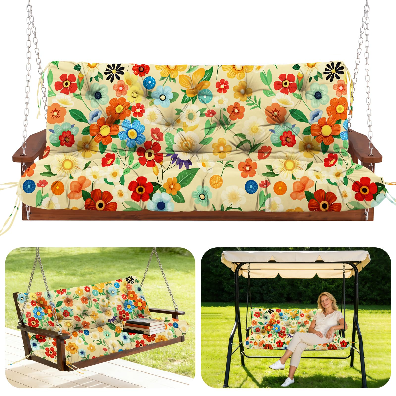 GHDM Garden Bench Cushion Thick 12cm Swing Cushions 2 Seater with Backrest and Tie 120cm Waterproof Swing Seat Cushions Replacement for Outdoor Furniture Patio Porch Lawn Backyard(Pastoral floral)