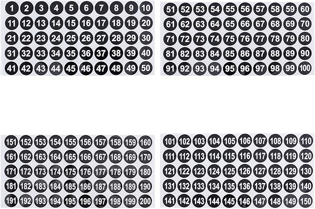 AHANDMAKER 1-200 Round Number Stickers Decals, 4 Sheets Small Number Label Circle Dot Self Adhesive Consecutive Dot Numbered Sticker for Inventory Sorting Organizing Storage Box Office School Supplies