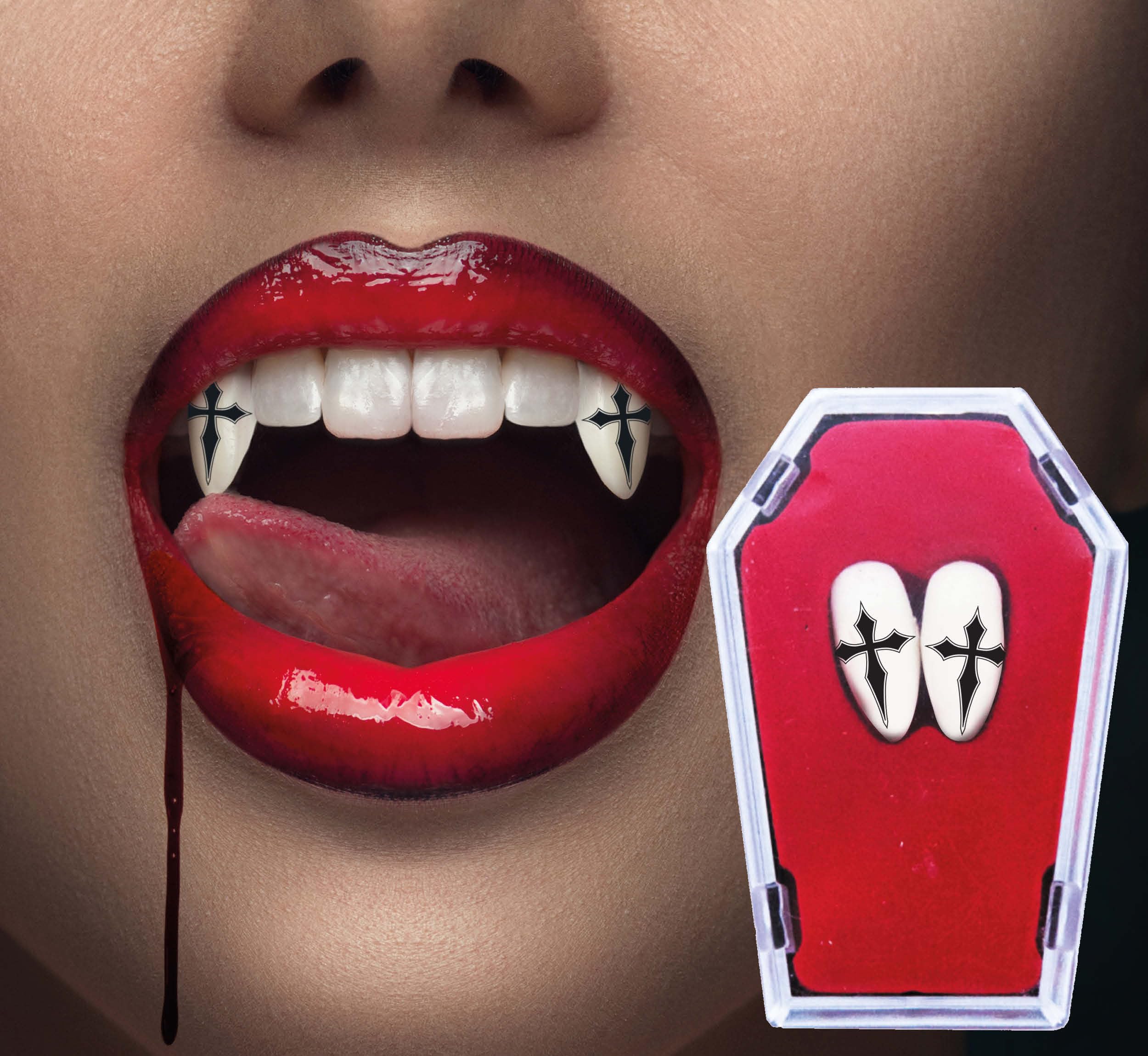 FIESTAS GUIRCA | Vampire Fangs with Cross - (Thermoplastic False Teeth) - Makeup for Halloween Costumes, Vampires, Horror Parties and Cosplay - White