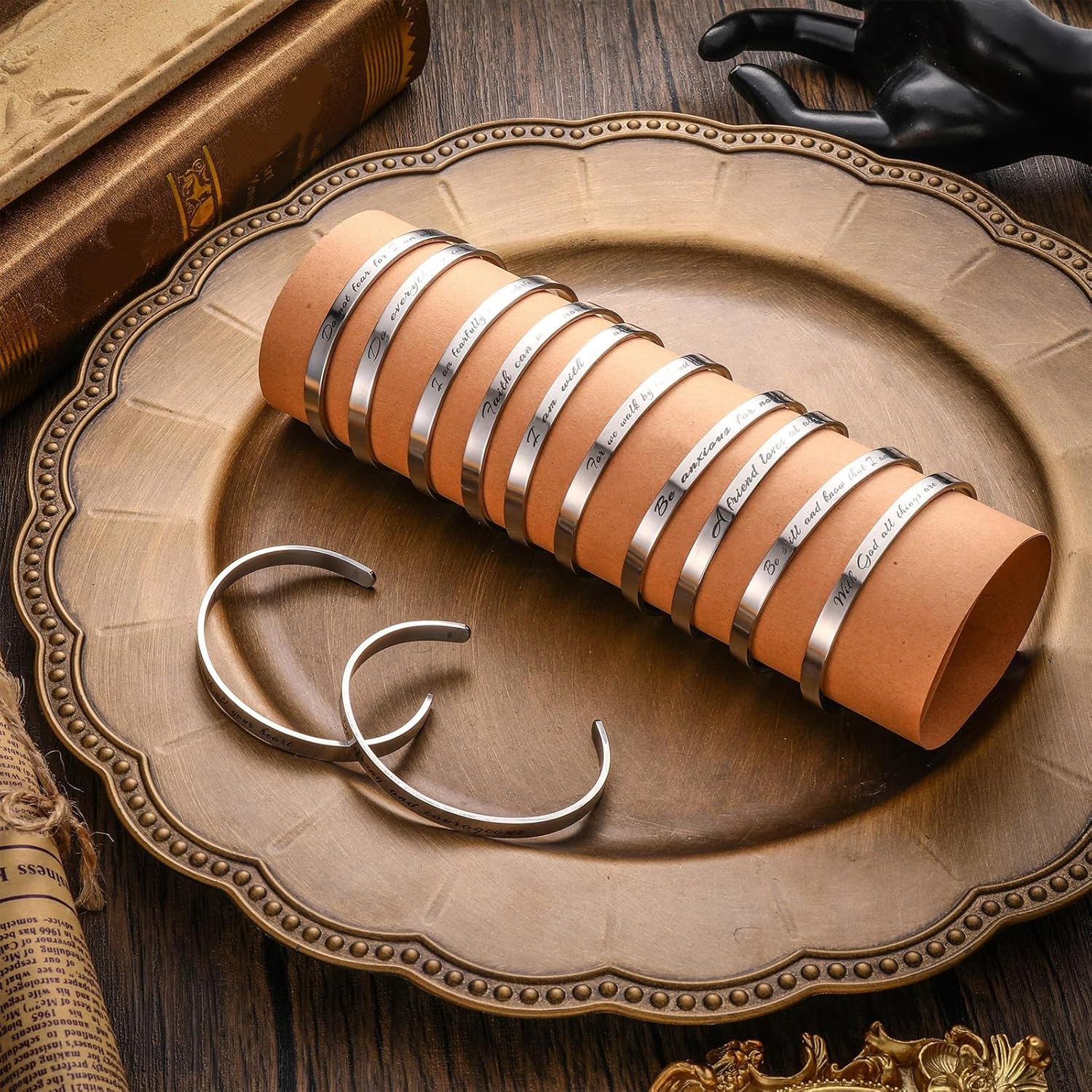 Funtery 12 Pcs Christian Bracelet Engraved Bible Verse Jewelry Easter Gift for Women Religious Baptism Inspirational Scripture Open Cuff Bangle Confirmation Gifts for Friend Encouragement(Classic) - Image 3